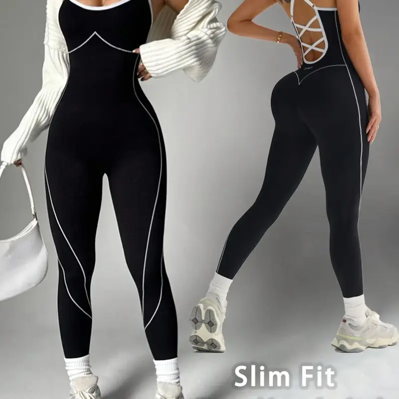 Women's Seamless Colorblock Yoga Sporty Jumpsuit, Adjustable Straps, Criss Cross Back Design, Sleeveless, Above Ankle, All Seasons, Workout Jumpsuit, Yoga Workout Jumpsuits
