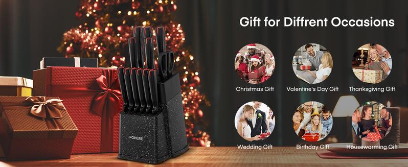 FOHERE 13 Pieces Knife Set with Block, Stainless Steel Knive Sets for Kitchen with Built-in Sharpener Sharp Granite Kitchen Knife Block Set with Anti-slip Handle Rust Resistant, Black FOHERE 13 Pieces Knife Set with Block, Stainless Steel Knive Sets for Kitchen with Built-in Sharpener Sharp Granite Kitchen Knife Block Set with Anti-slip Handle Rust Resistant, Black