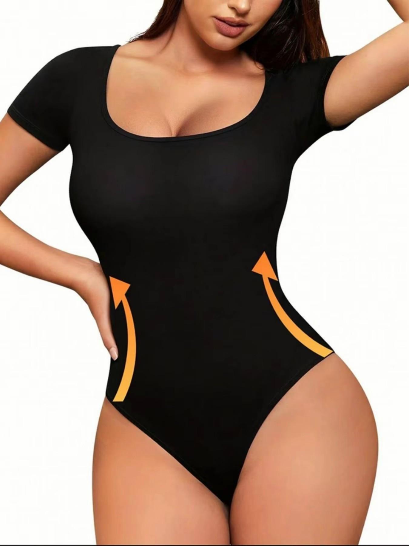 Women's Square Neck Short Sleeve Bodysuit, Seamless Waist Cinch Slim Fit Inner Top, Basic Hot Girl Underwear T-Shirt