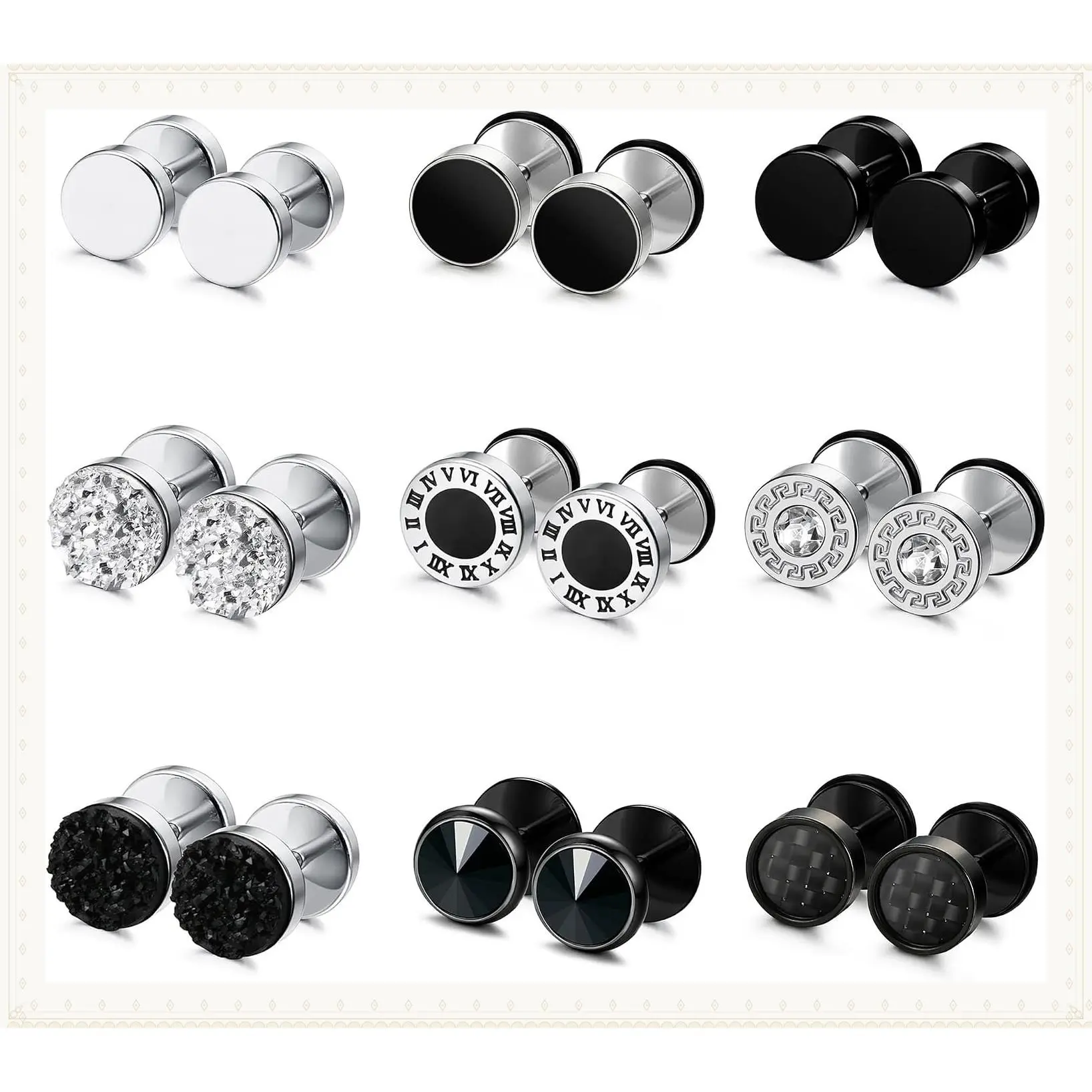 9 Pairs Fake Gauge Earrings for Men Women Dot Black Silver CZ | Surgical Stainless Steel Hypoallergenic, Round Cheater Plug Studs, Faux Gauges Screw Backs, Ear Tunnel for Pierced EarsGift