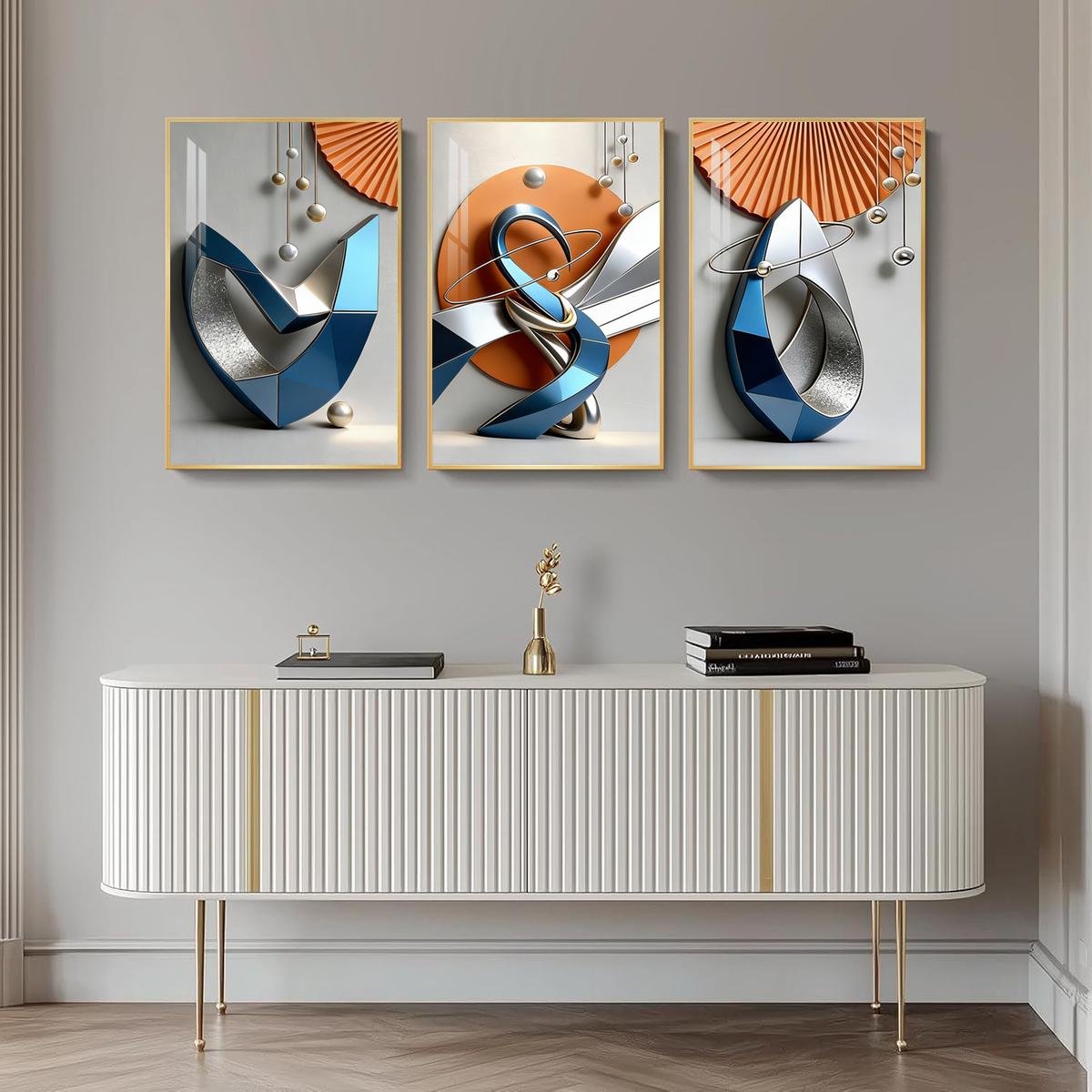 3 Counts Aluminum Alloy Framed Painting, Modern Geometric Abstract Metal Art Pictures, Home Decoration For Living Room, Bedroom, Office, Restaurant, Hallway Wall Decor, Odorless Print Artwork, Luxury Perfect Gift For Friends And Family