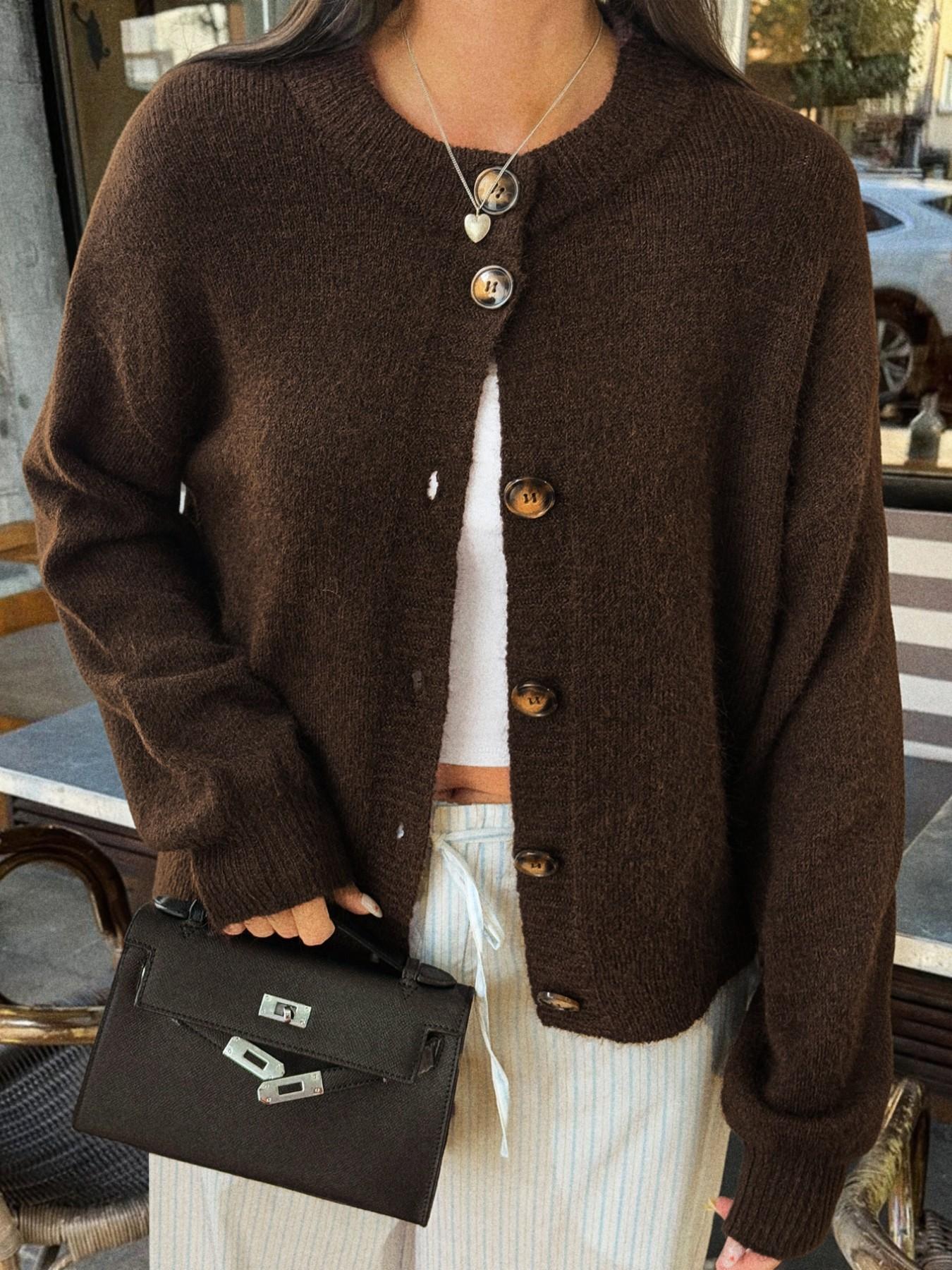 Autumn Winter New Retro Round Neck Solid Color Short Knitted Cardigan, Loose Long Sleeve Button Front Sweater Coat, Casual Daily Wear Women's Top