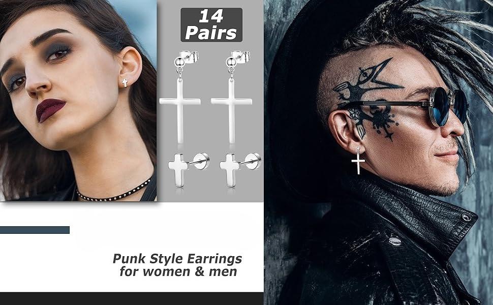 14 Pairs Earrings for Men Black Stud Earrings Stainless Steel Hoop Earrings, Silver Gothic Punk Cross Dangle Earrings Set Jewelry Piercings For Cool Men Women