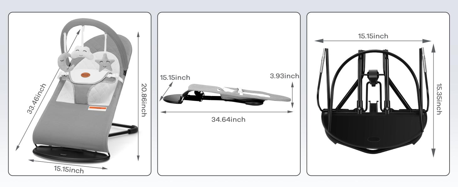 Baby Bouncer, Portable Baby Bouncer Seat for Babies 4-18 Months, 100% Cotton Fabrics, 3 Modes of use with Rocker and Stationary Options, Infant Rocker Chair with Hanging Toys-Light Grey Swing Set Swing Trainer