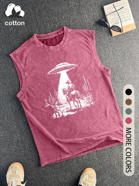 Men's Vintage UFO Print Round Neck Tank Top, Regular Fit Casual Sleeveless Crew Neck Top for Summer, Fashion Men's Top for Daily Wear, Socks