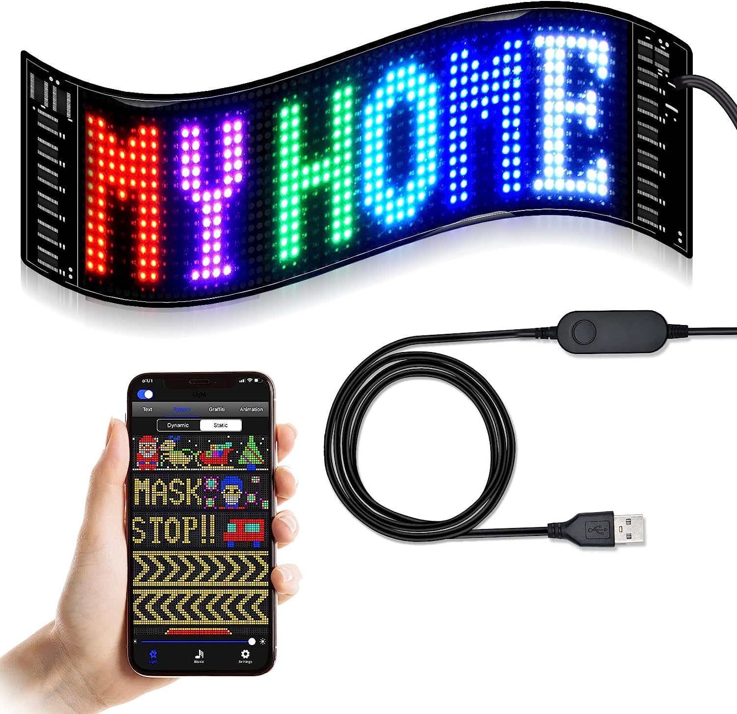 Flexible LED pixel screens with Bluetooth app control, scrolling high-brightness advertising LED screens, USB flexible LED vehicle lights, shop display boards, DIY vehicle lights, and shop sign decorations.