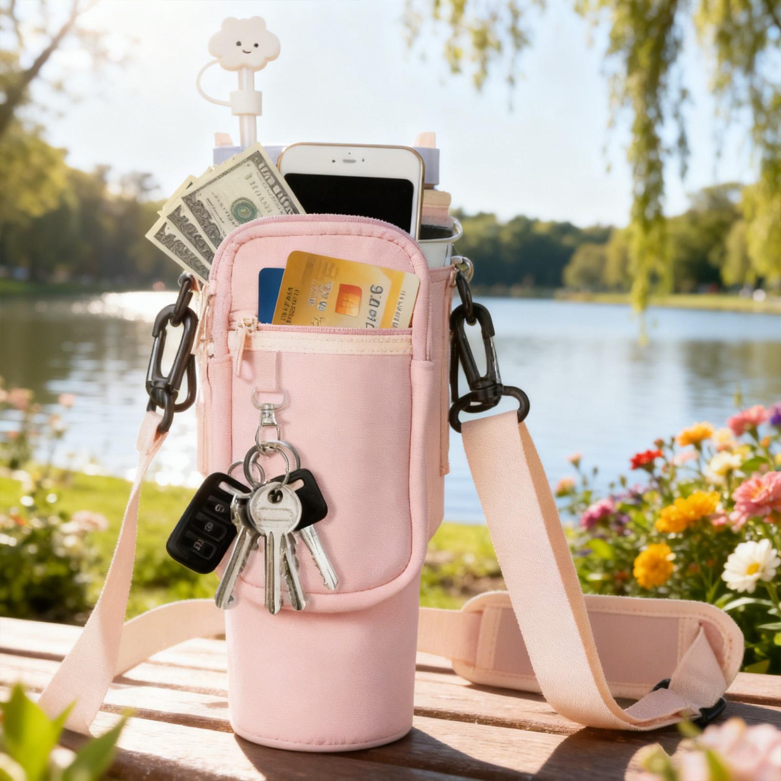 Water bottle carrier bag with shoulder strap, Drink Carrier, multi-pocket tumbler holder fit for 30–40oz tumblers, large capacity storage for phone, cards, keys and cash, durable portable cup sleeve for walking, travel, gym and daily use