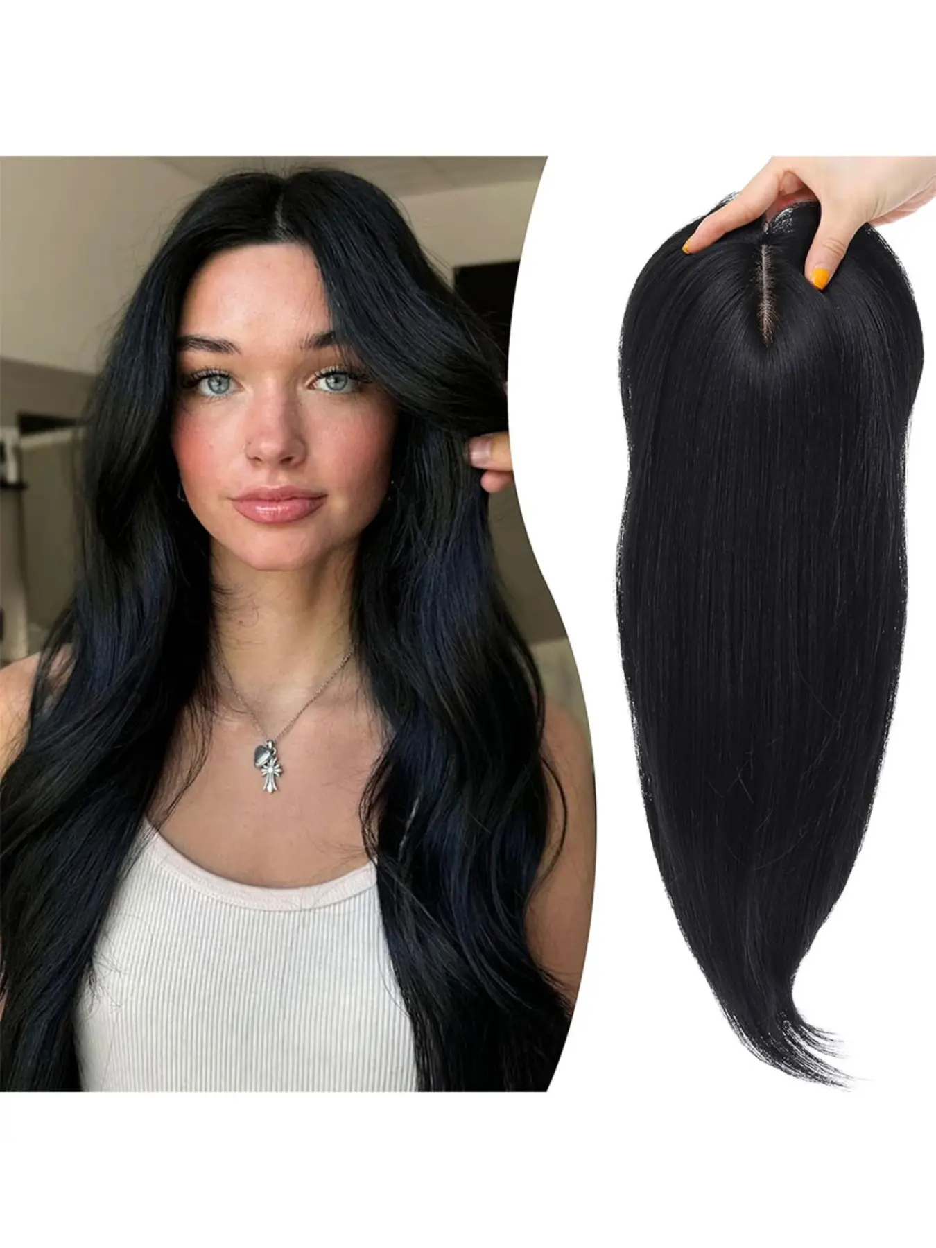 Synthetic Hair Topper with Bangs 18 Inch Layered Toppers for Women with Thinning Hair hand Tied Forehead Hairline Cover Wispy Synthetic Toppers Hair for Women Fiber Wiglets