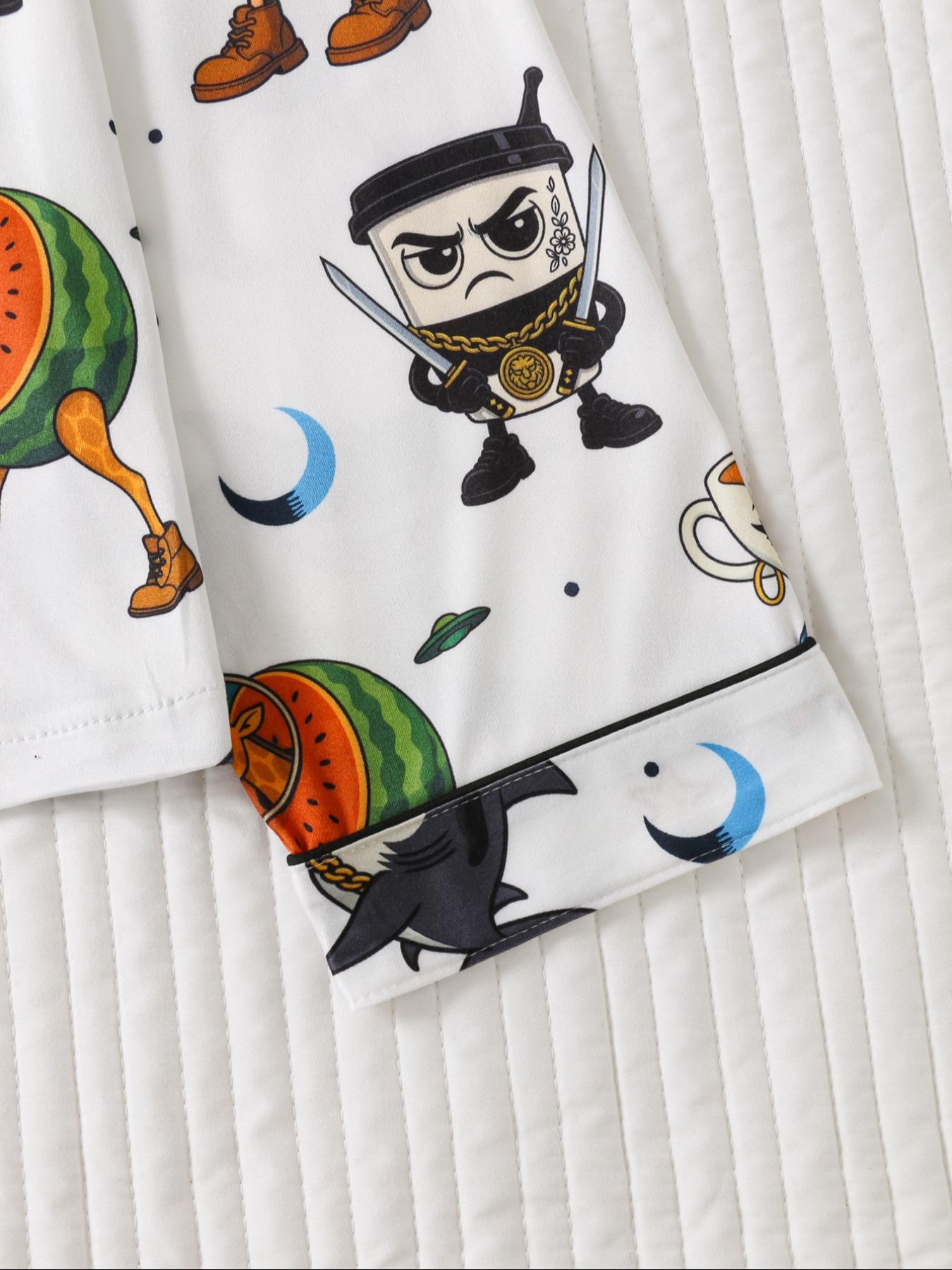 Women's Cartoon Print Pajama Set, Long Sleeve Button Front Top & Loose Fit Pants, Casual Spring & Fall Sleepwear Loungewear