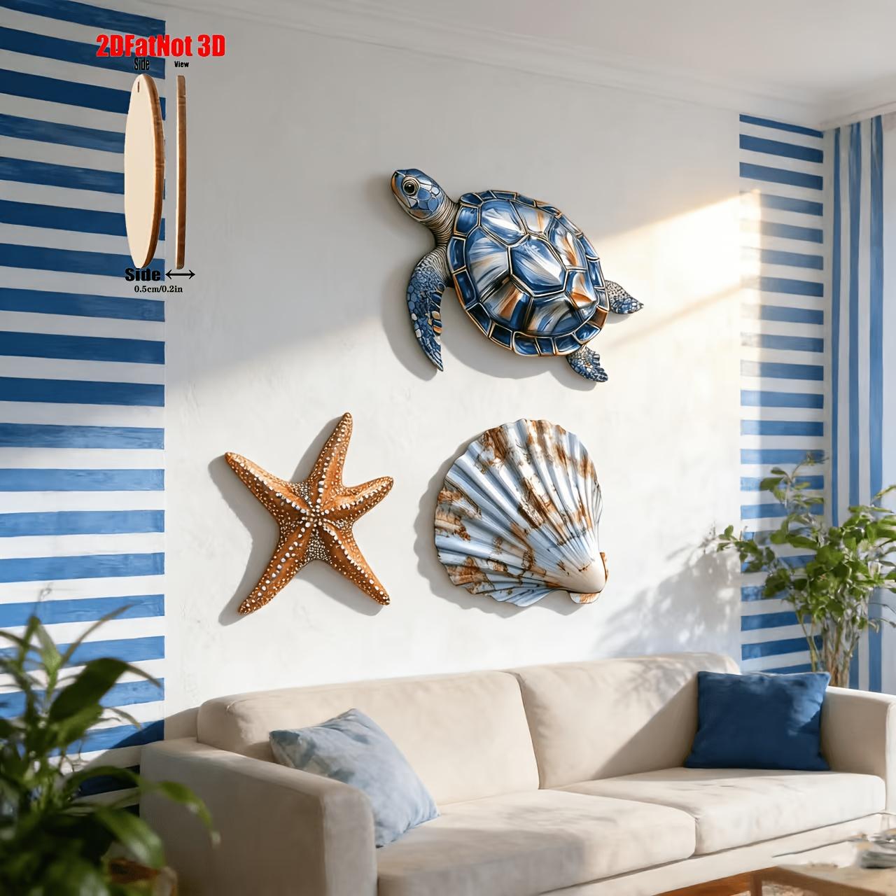 2dp Wooden Wall Decor Set, Turtle Shell Starfish Ocean Style, Suitable for Living Room Kids Bedroom Bathroom Coastal Art