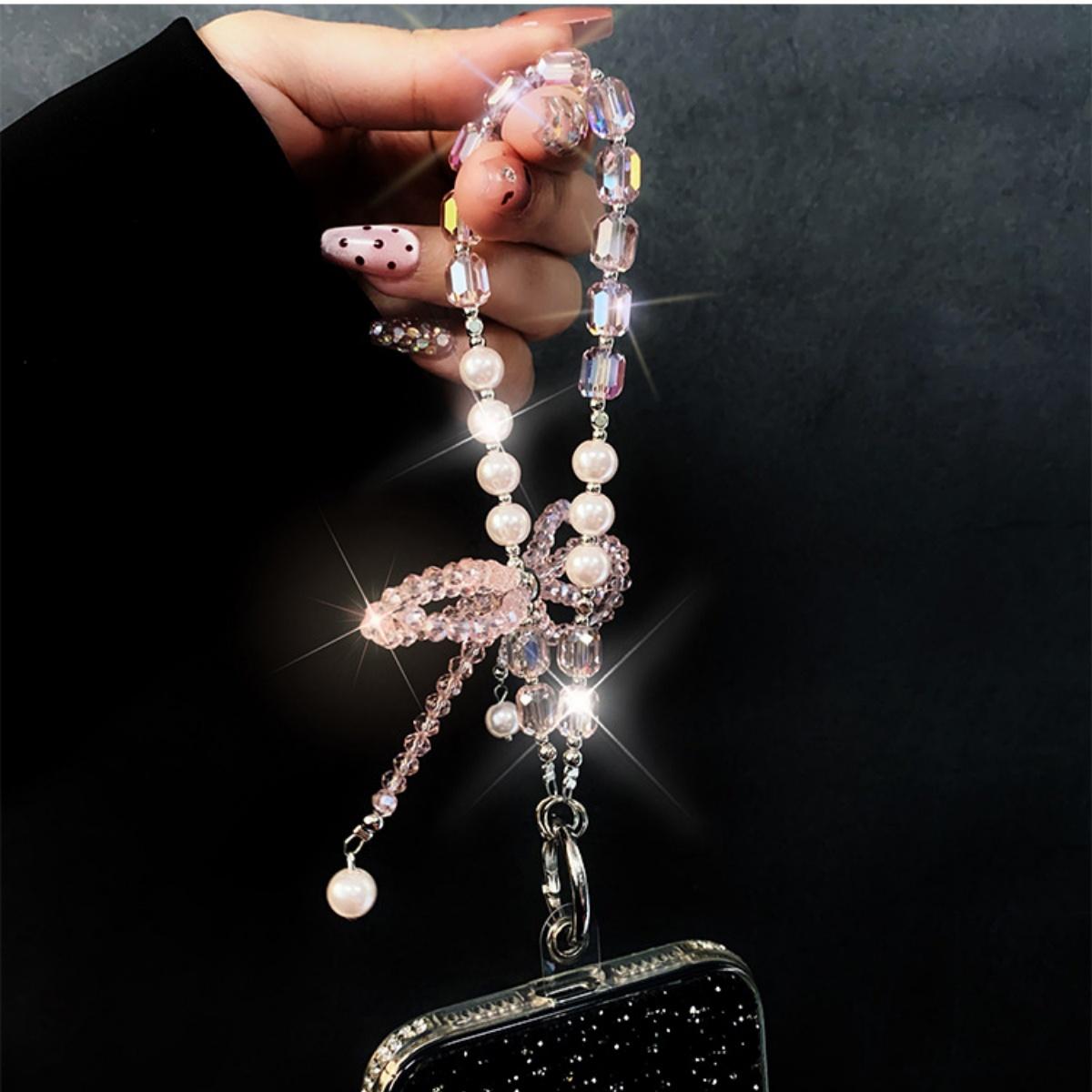 Women's Luxury Crystal Beaded Smartphone Strap - Multi-Functional Card-Ready Mobile Accessory with Tether Tab, Hands-Free Wristlet, Keychain & Protection Feature, Shiny, Accessories, Installation, Metal, Lobster Clasp, Charm, Lanyard, Custom Tether Tab, D