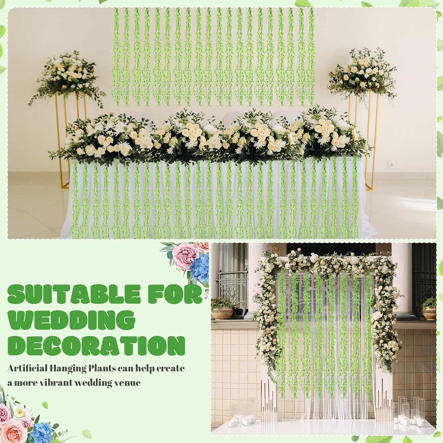 Artificial Hanging Vines Fake Weeping Willow Leaves Decor  Artificial Vines Greenery Garland for Wedding Party Backdrop Wall Decor Garden Patio Backyard (Fruit Green)