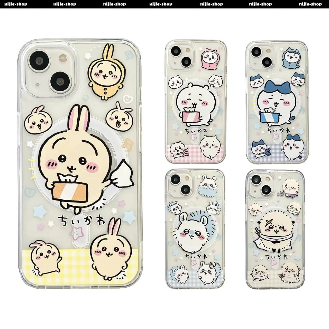 Cute Chiikawa Hachiware Usagi‌ Momonga Unique Artistic Transparent Magnetic Kawaii Phone Cases for IPhone 17 Promax Pro Air 17E 16 Plus 15 14 13 12 11 & Samsung Clear TPU Shockproof Protective Cover Gift For Birthday Christmas
