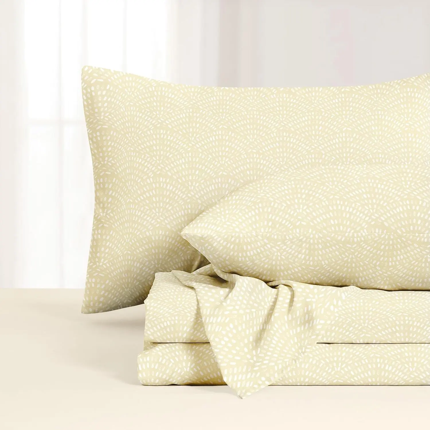 Boho Bed Sheets, 4-Piece Sheet Set, Bohemian Chic Farmhouse Country Neutral Modern Aesthetic Pattern Printed Bedding, Deep Pocket, Beige, King Size