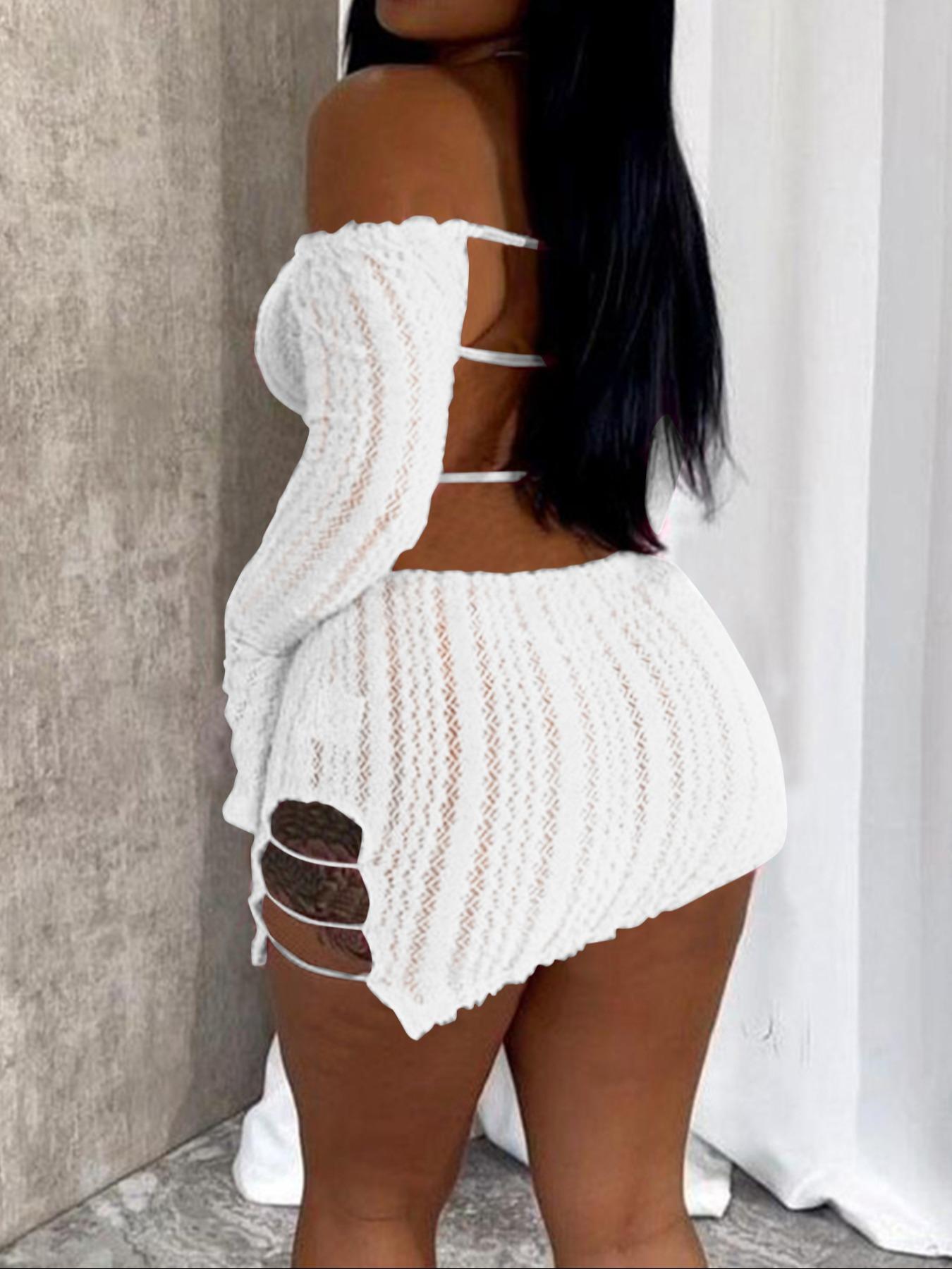 Women White Lace Mini Dress Off Shoulder Long Sleeve Sheer Crochet Knit  Bodycon Cut Out Side