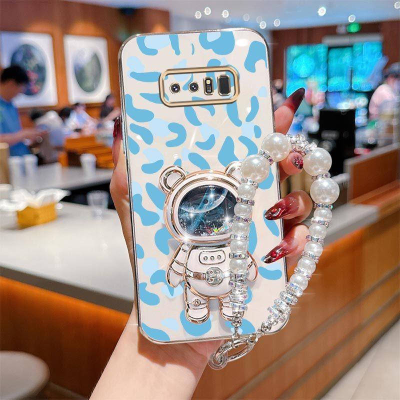 Note 8 Fashion Series Pearl Strap Lanyard Phone Holder Case For Compatible With Samsung Galaxy Note 8 Plating Cover and Elegant Blue Luxury Leopard Print Little Bear Protector Cases