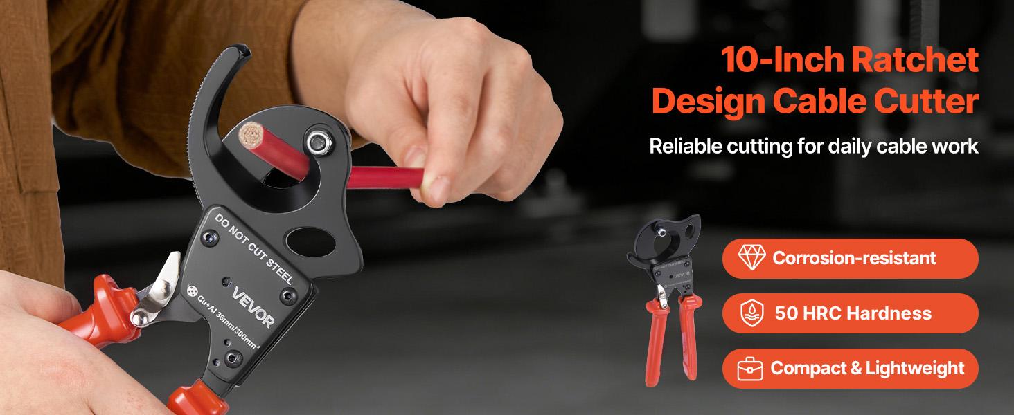 VEVOR Ratcheting Cable Cutter, Spring Steel Blades with PVC-Coated Handles, Quick-Release Button, Heavy Duty Ratchet Cable Wire Cutter for Cutting Copper Aluminum Cables Up to 600 MCM/ 300 mm