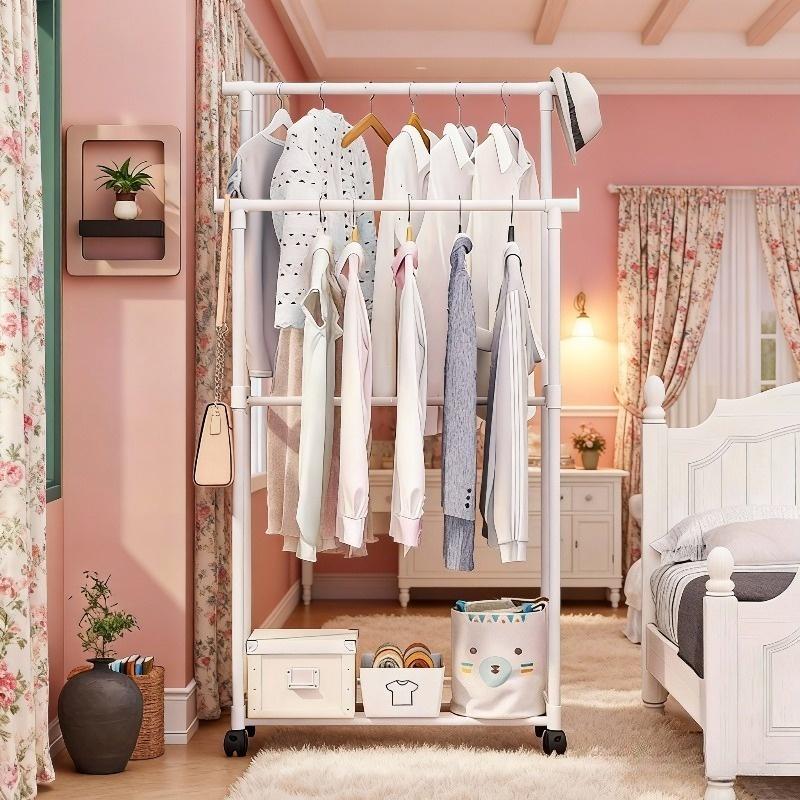 1 double pole simple multifunctional household floor Laundry drying rack, clothes drying pole assembly, clothes drying storage rack, clothes hanging rack storage rack with storage layer rack, drying and storage 2-in-1 Shelf Single Layer Rack