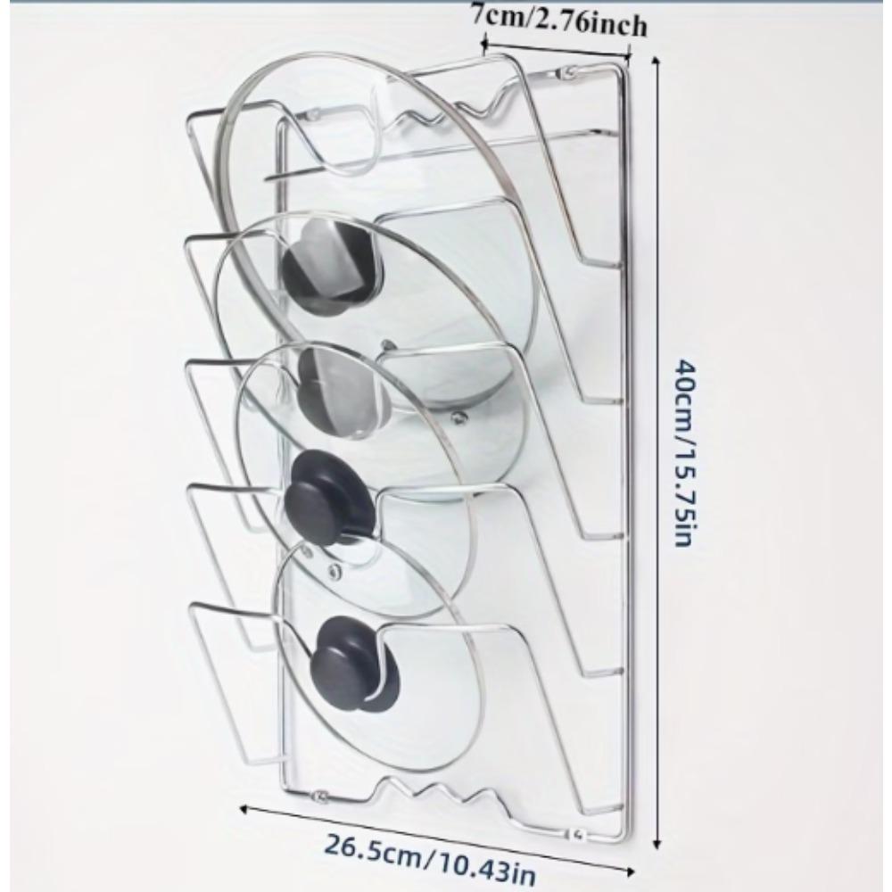 Sturdy hooks for hanging pot lids: a multi-layer wall-mounted storage solution suitable for pots and lids, a space-saving kitchen accessory, ideal for homes and restaurants.