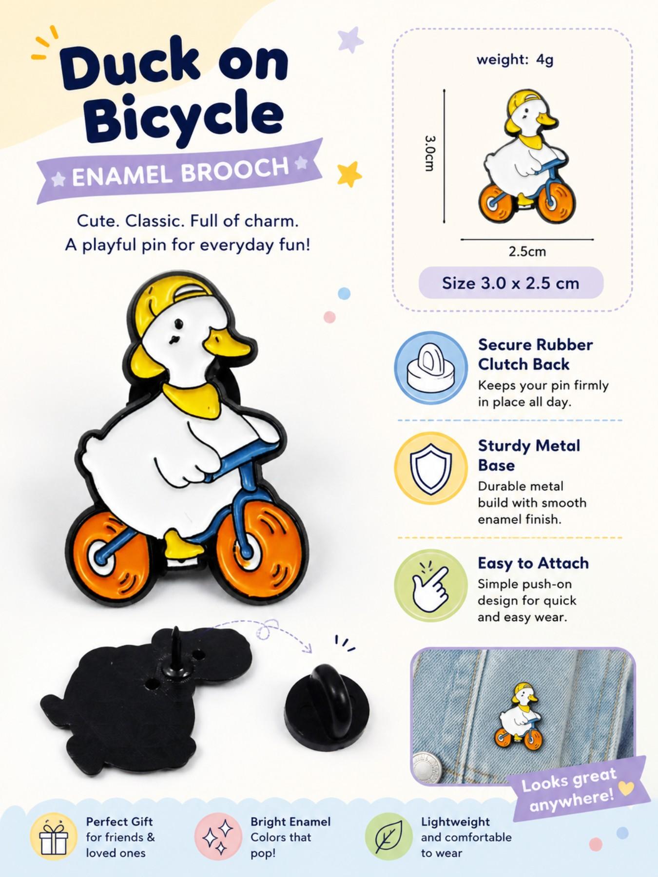 Duck Riding Bicycle, Enamel Brooch Pin, Glossy Alloy Hard Enamel, for Women Men Cyclists Animal Lovers and Collectors, for Denim Jackets Backpacks Canvas Bags Hats and Pouches, Playful Kawaii Casual Style, Gift for Friends and Duck Fans