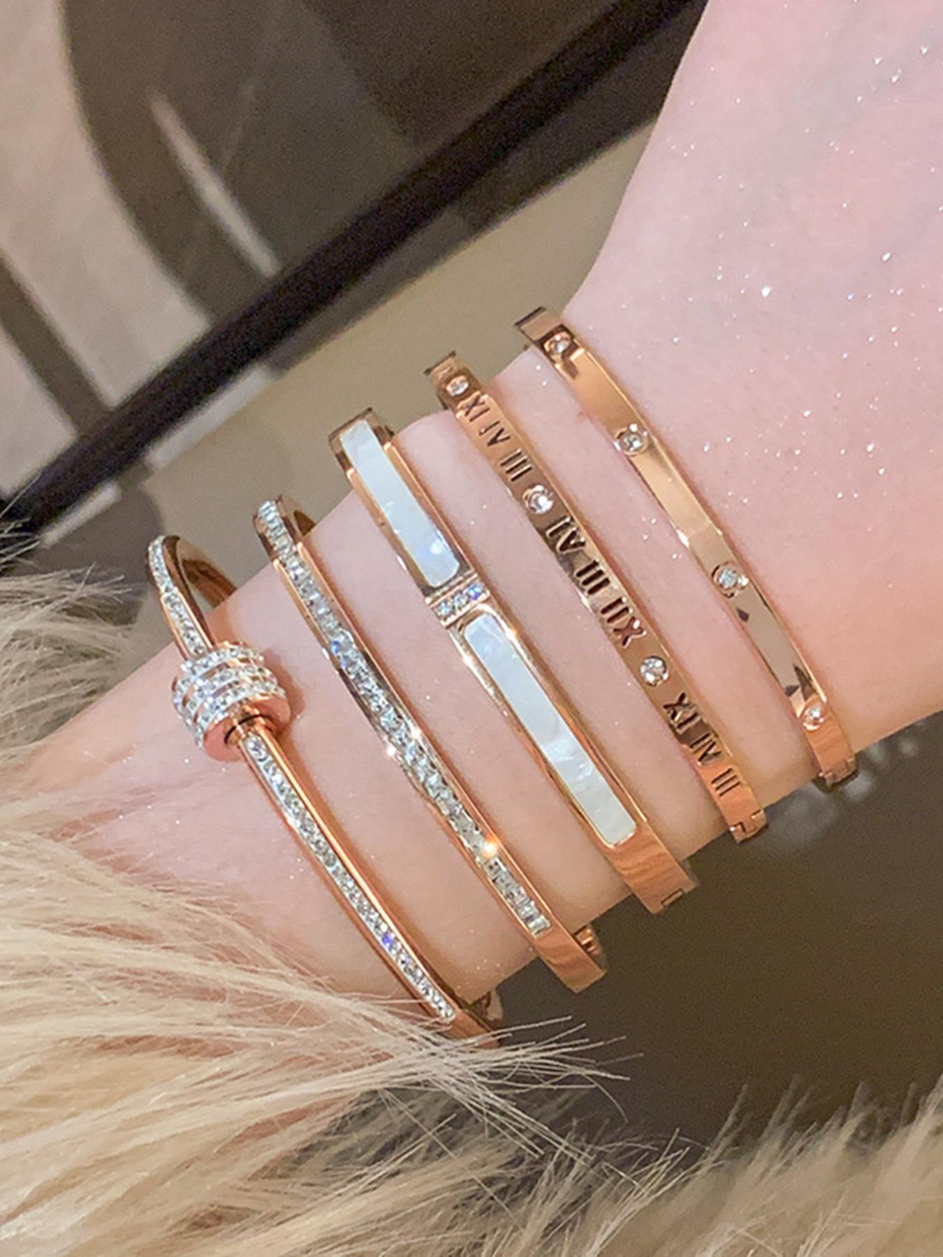 5-Piece Waterproof Titanium Steel Bracelet Set, Rhinestone Star Design, Plated, Versatile Style, Unisex Jewelry