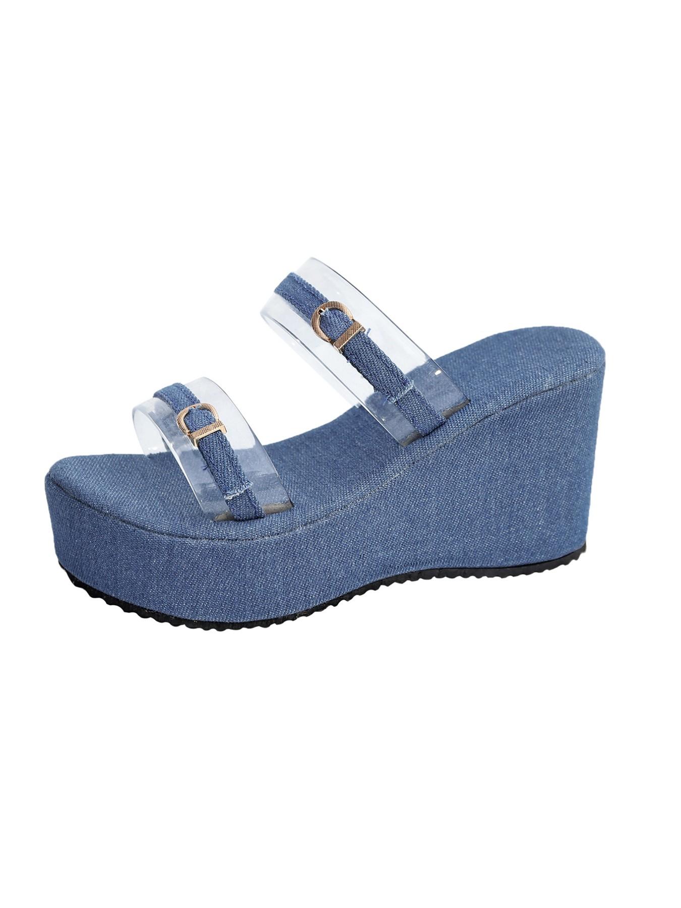 Women's New Summer Fashion Wedge Sandals, Thick Sole Double Buckle Design, 3 Heel Blue Buckle Open Toe Slippers, Perfect for Dresses and Pants