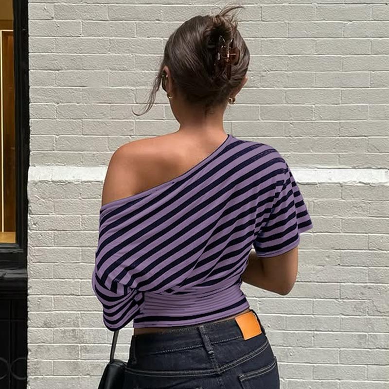 Women Summer Fashion Short Sleeve Asymmetrical One Shoulder Striped Asymmetric Hem T Shirt Tops Tee Casual Daily Tops