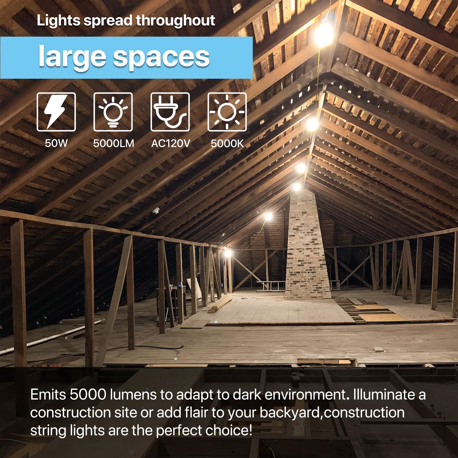 HYPERLITE Construction String Lights: 50FT/100FT 5/10 Bulbs String Work Lights with Climbing Hooks - IP65 Waterproof Linkable LED Construction String Lights for Job Site Attic Renovation Crawlspace Lighting，Outdoor，SpringGlowUp
