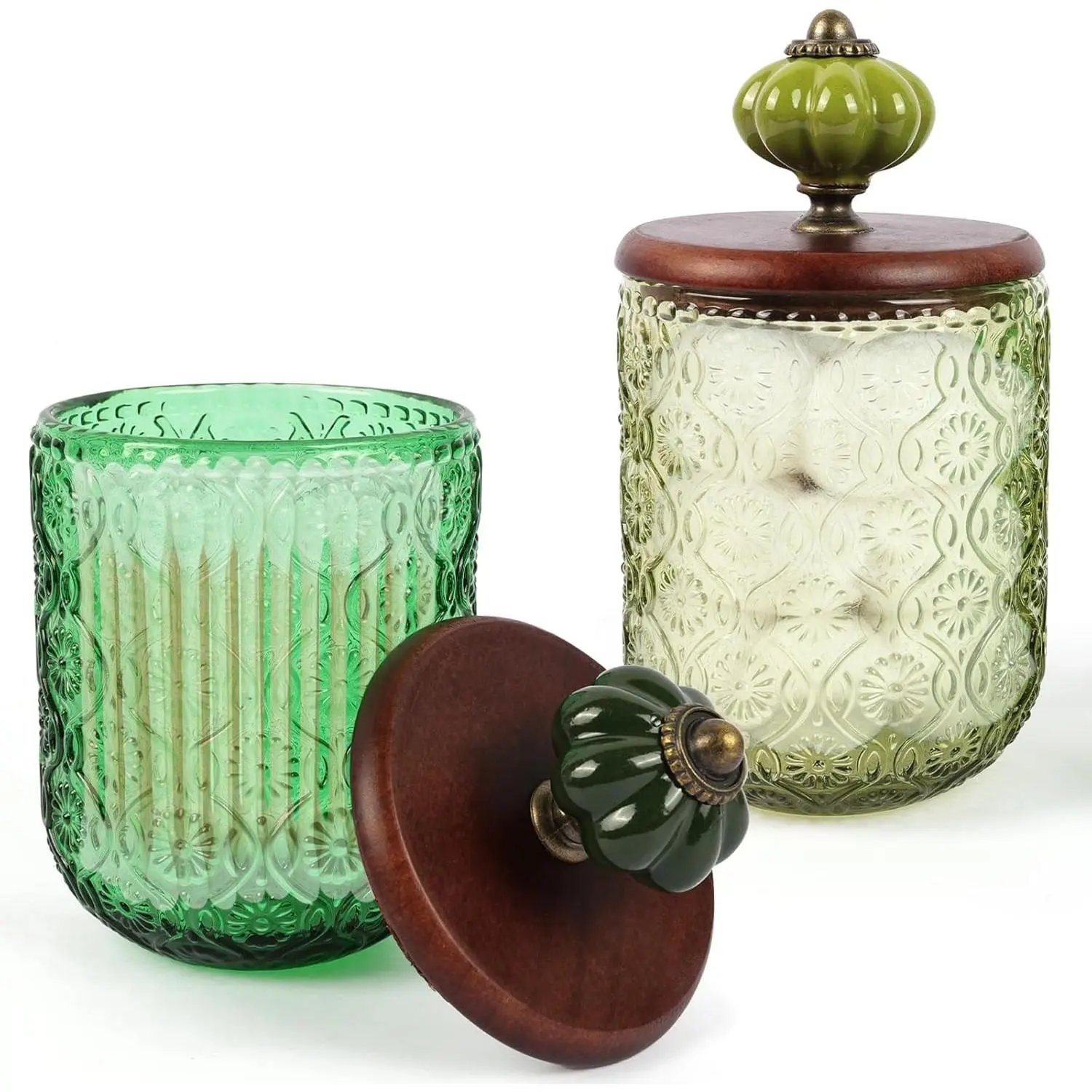 2 Pack Green Glass Qtip Holders with Lids for Bathroom Storage | Vintage apothecary style, wide-mouth access, holds cotton balls swabs pads floss makeup candy, countertop organizer