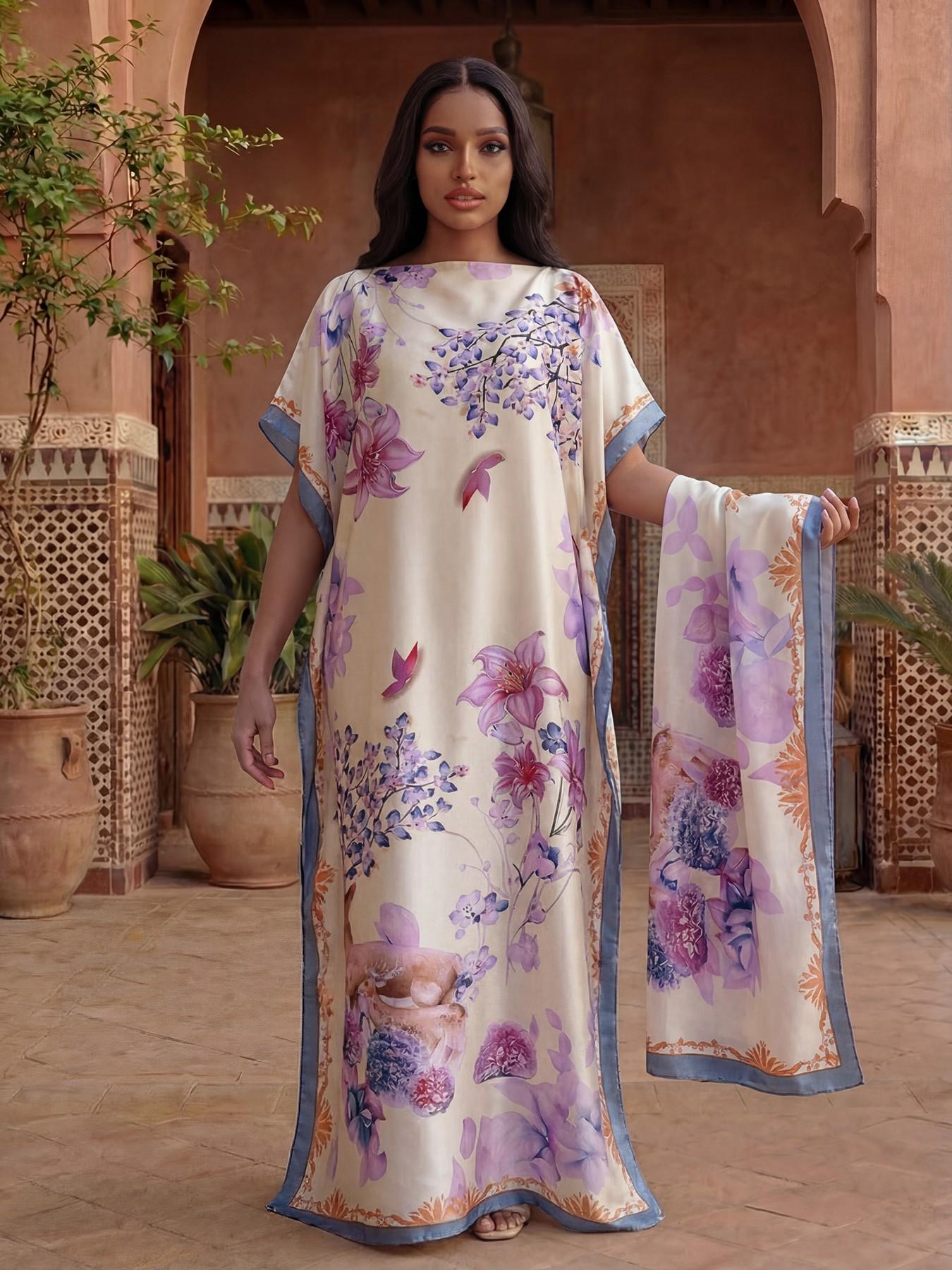 Women's Floral Print Robe Set, Casual Fashion Long Dress + Headscarf Scarf Hairband, Beach Sun Protection Satin Silk Shawl