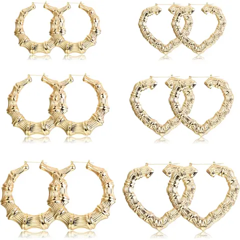6-10 Pairs Bamboo Earrings Set Hollow Casting Hip-Hop Large Bamboo Earring For Women Oversize Different Shape Gold Hoop Earrings Set Fashionable Hoop Earrings Casual Trendy Jewelry Fashion Rapper Accessories Jewelry Earring Sets Earrings Hoops