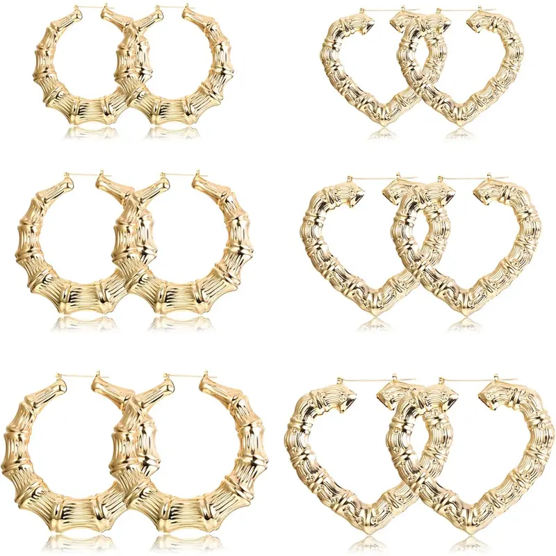 6-10 Pairs Bamboo Earrings Set Hollow Casting Hip-Hop Large Bamboo Earring For Women Oversize Different Shape Gold Hoop Earrings Set Fashionable Hoop Earrings Casual Trendy Jewelry Fashion Rapper Accessories Jewelry Earring Sets Earrings Hoops