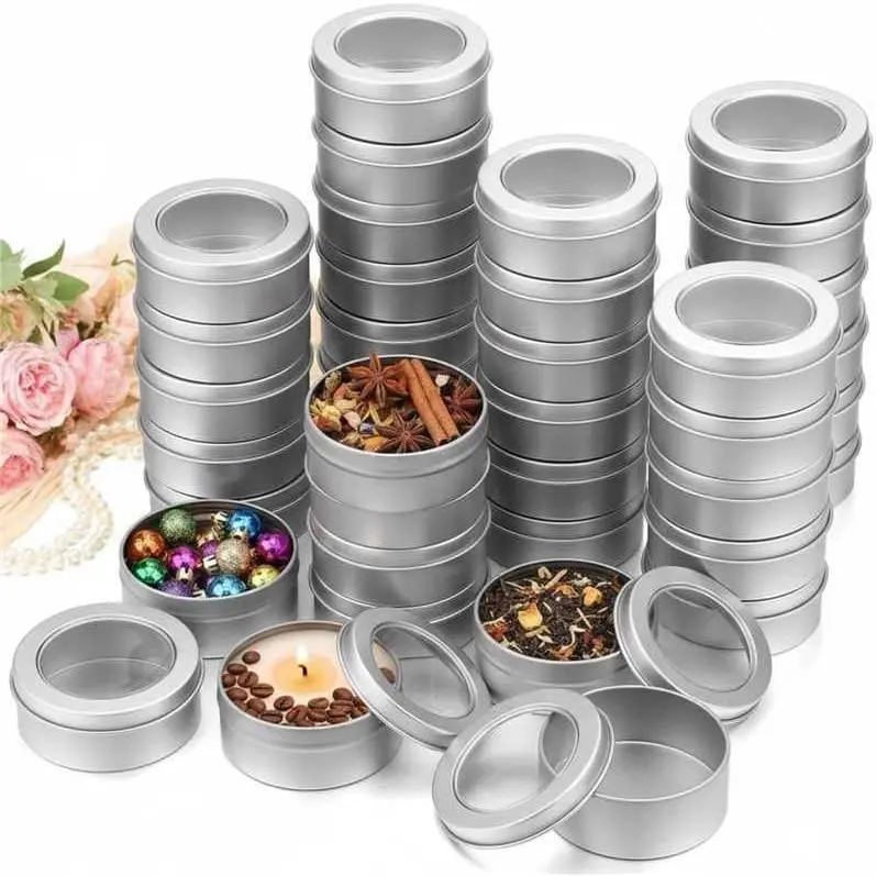 8 Pack 2 Ounce Metal Tin Cans Round Empty Container Salve Tins with Clear Lid for Kitchen, Office, Candles, Candies