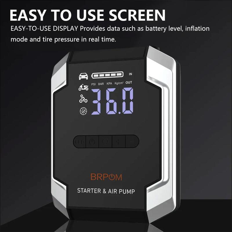 BRPOM [5 in 1] 8500A Portable Car JumpStarter with Air Compressor(ALL Gas, 10.0L Diesel) WithTire Inflator, 12V Car Battery JumpPower Fast charging With LED Light Jump starter