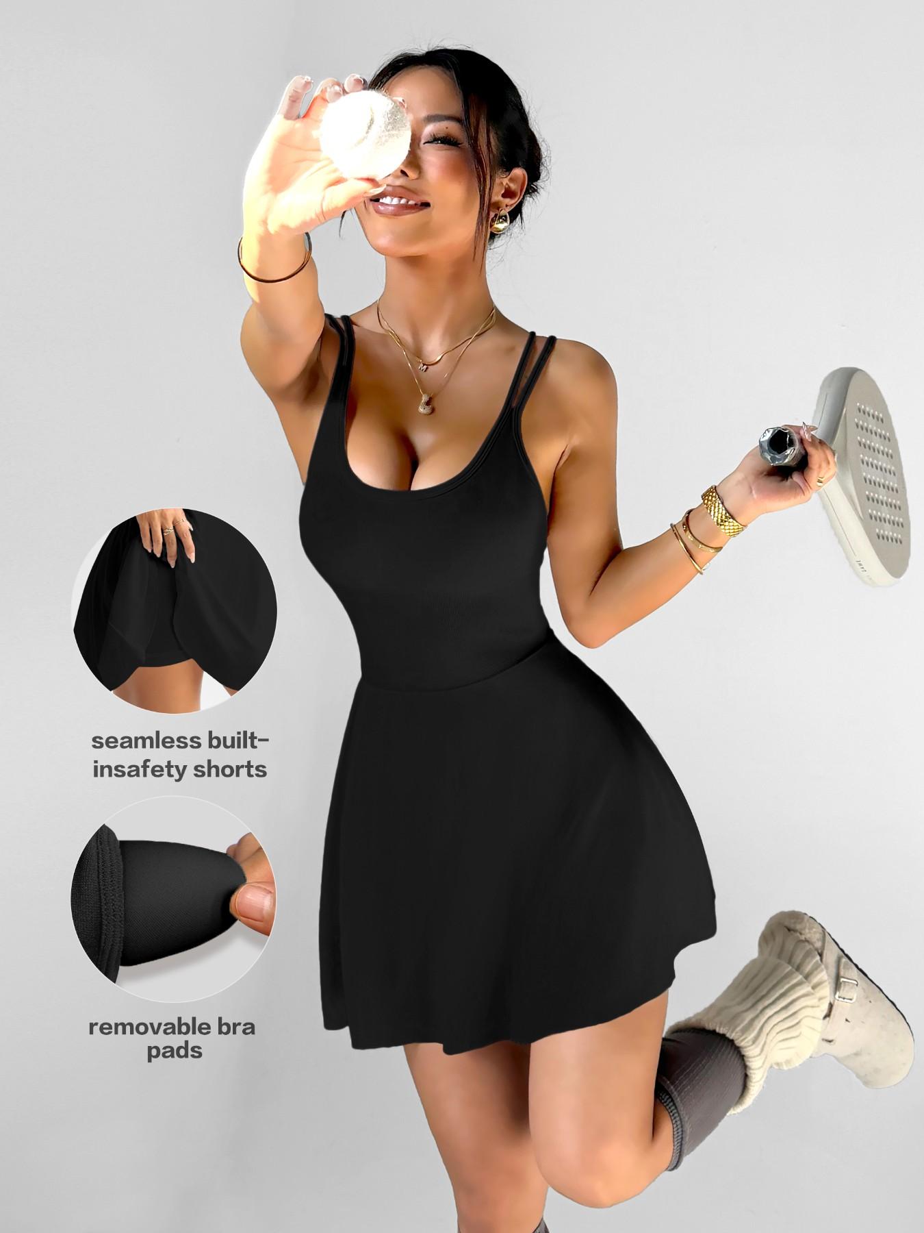 Women's Backless Criss Cross Sports Dress with Removable Pads, Mini Yoga Skirt, Fitted Above the Knee, Casual Tennis Dress, All Seasons