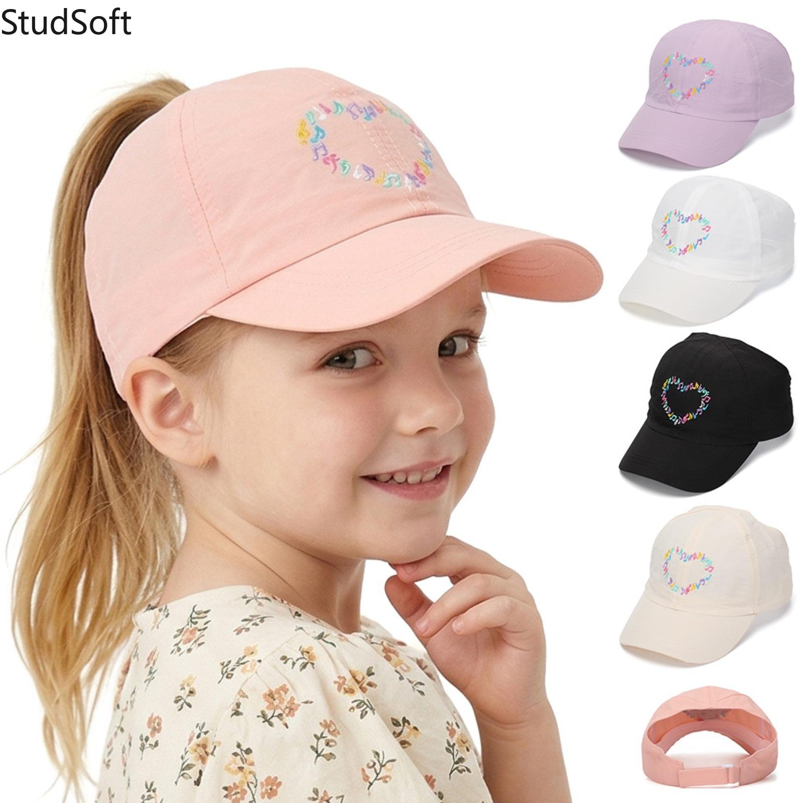Kids' Cotton Ponytail Baseball Cap with Embroidered Music Note & Heart, Adjustable for Outdoor Casual Sports Wear, Embroidered Adjustable Caps