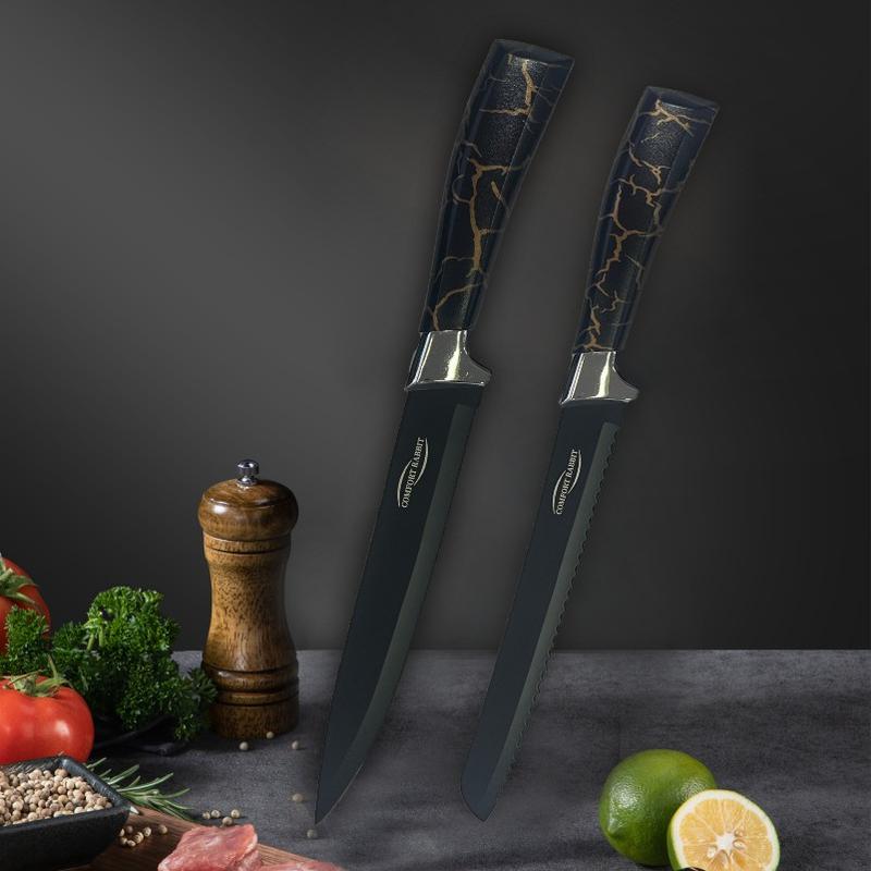 6-Piece Black Professional Kitchen Knife Set This set of knives features sharp blades and ergonomic handles, including ultra-sharp meat knives, perfect for professional chefs. Block Cutting Kitchenware Home Stainless Steel