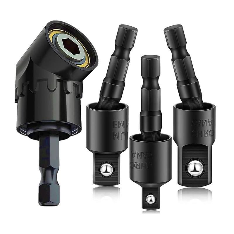 Right Angle Drill Adaptor,4-in-1 Impact Drill Bit Extension,360° Rotatable 1/4 3/8 1/2" Impact Grade Socket Adapter Set, Drill Attachment,105 Degree Angle Screwdriver Drill Bit for Household Workplace Industry