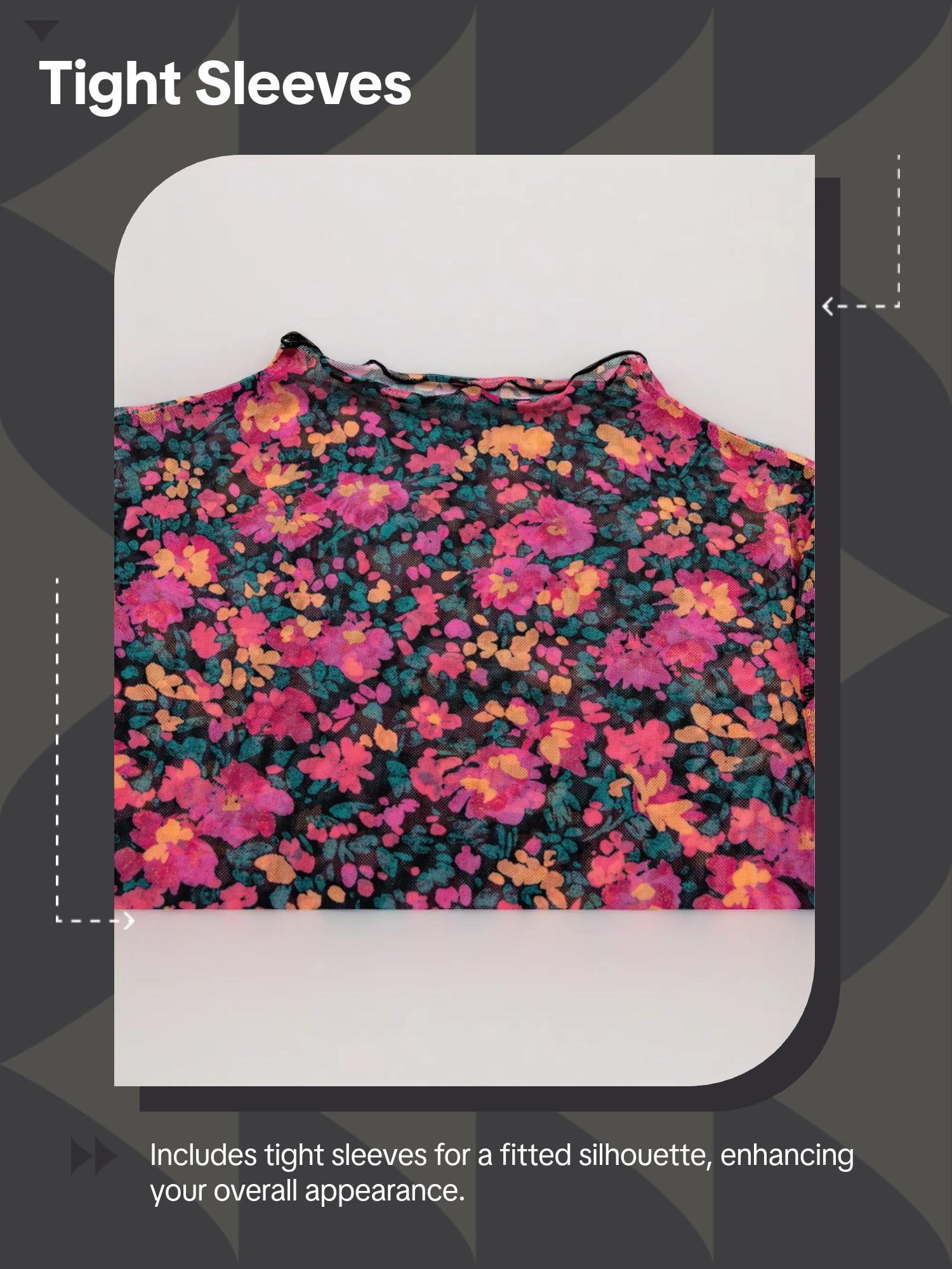 Spring & Fall Women's Rose Print Mesh Long Sleeve Stand Collar Fitted Top, Stylish and Comfortable Casual Wear, Perfect for Daily Use