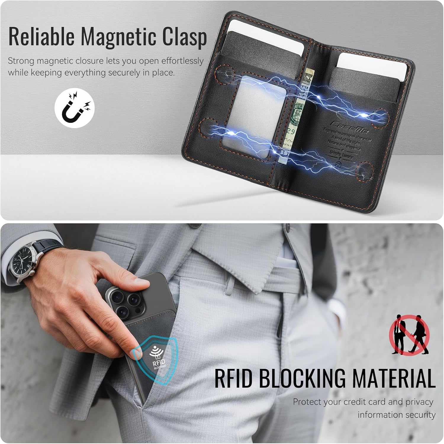 for MagSafe Wallet, PU Leather  Card Holder RFID Blocking, 4 Card Slots and 1  Slot, Compatible with MagSafe Phones and Cases, for  17/16/15/14/13/12 Series, Black