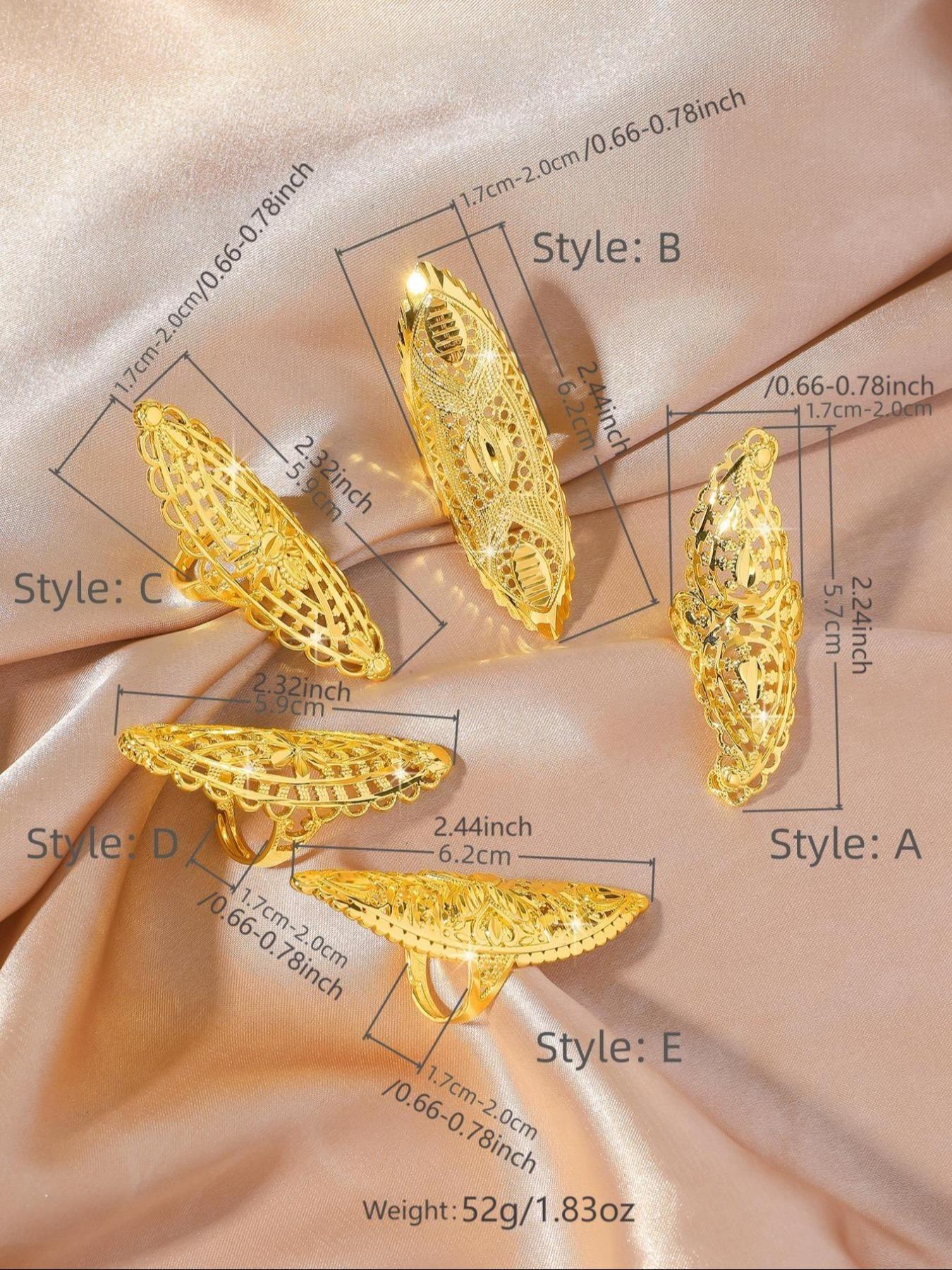 5-piece set of geometric pattern hollow ring, flower clover ring, Dubai Arab Middle Eastern style jewelry, copper plated adjustable 24k women's long ring, suitable for giving to girlfriends, delicate gifts for friends, daily gifts, Elegant Everyday Ring