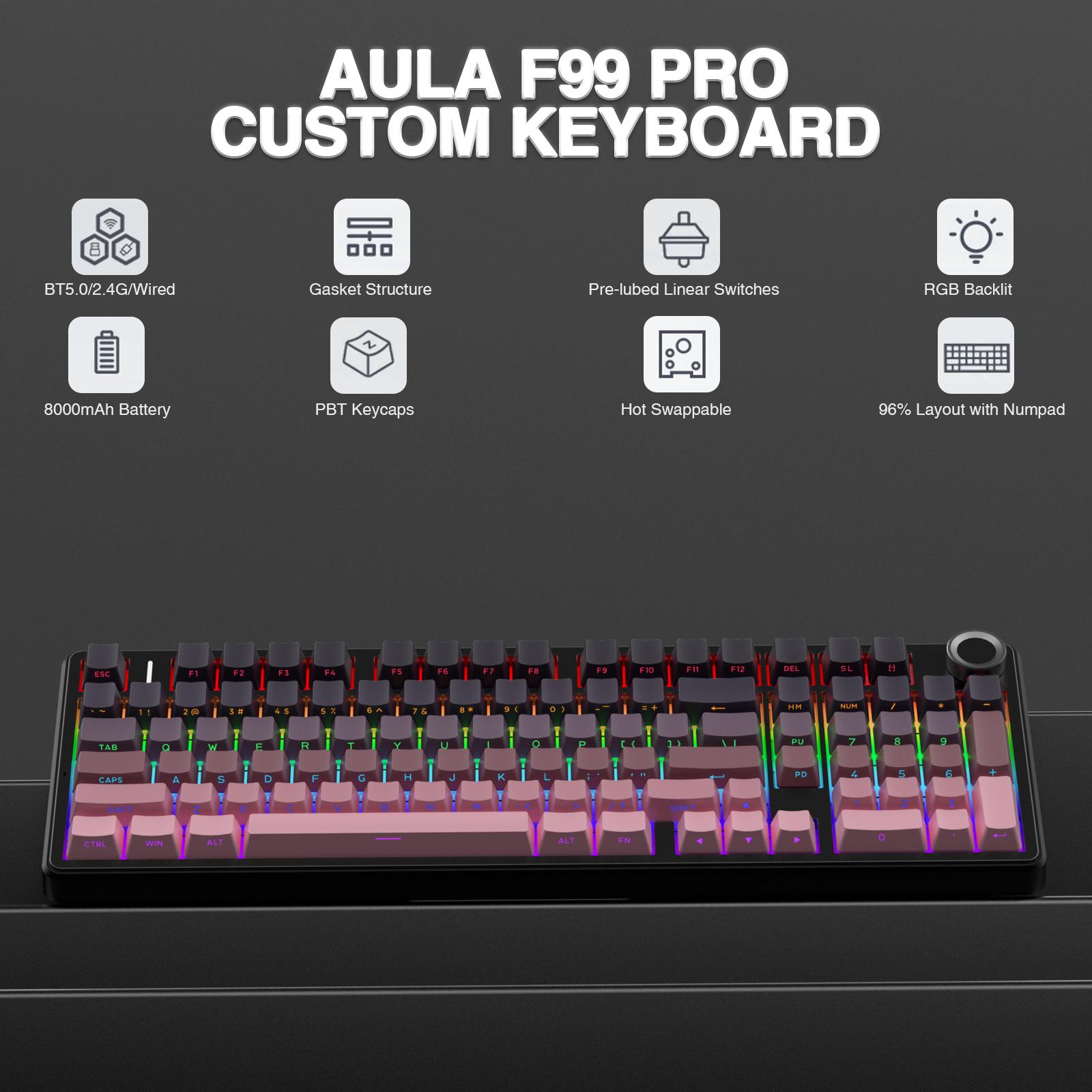 AULA F99 Pro Creamy Wireless Mechanical Gaming Keyboard with Knob Control, keyboard,Tri-Mode BT5.0/USB-C/2.4GHz Hot Swappable Custom Keyboard,Pre-lubed Linear Switches,Gasket Structure,RGB Backlit Computer PC accessories TikTokShopfalldealsforyou