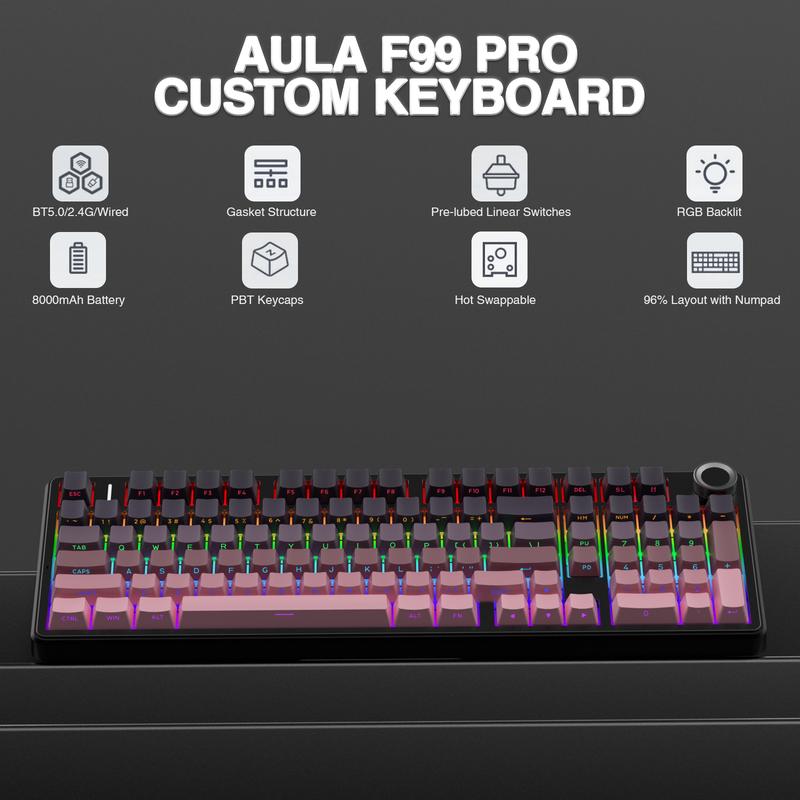 AULA F99 Pro Creamy Wireless Mechanical Gaming Keyboard with Knob Control, keyboard,Tri-Mode BT5.0/USB-C/2.4GHz Hot Swappable Custom Keyboard,Pre-lubed Linear Switches,Gasket Structure,RGB Backlit Computer PC accessories TikTokShopfalldealsforyou