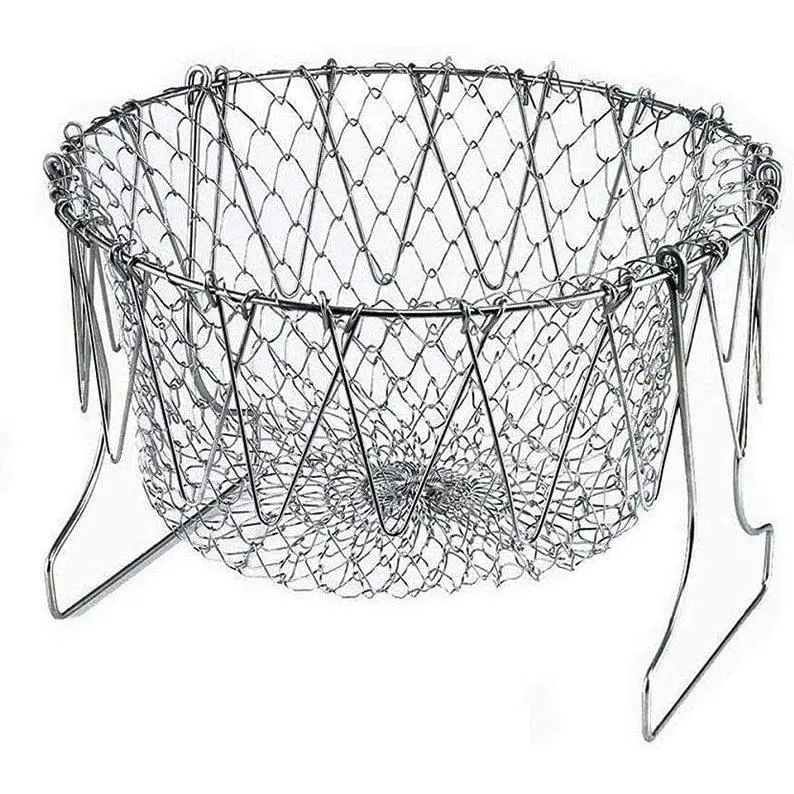 304 Stainless Steel Foldable Steam Rinse  Fry Basket Strainer Net Kitchen Cooking Tool for Fried  or Fruits