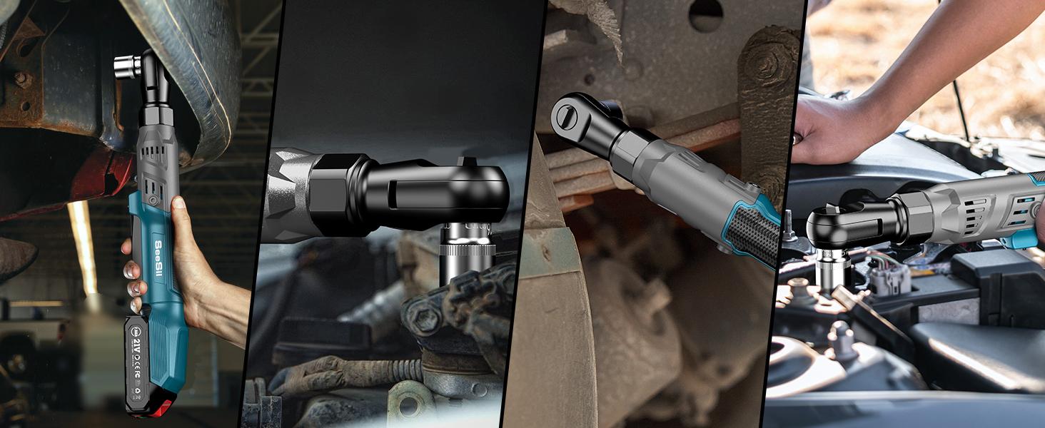 SEESII 21V Cordless Electric Ratchet Wrench Set - 90N.m (66Ft-lbs) Torque, 3/8", 200RPM, Variable Speed Trigger, 2x 2.0Ah Batteries & Charger, 8 Sockets, Adapters & Extension Bar, Black Friday Deals