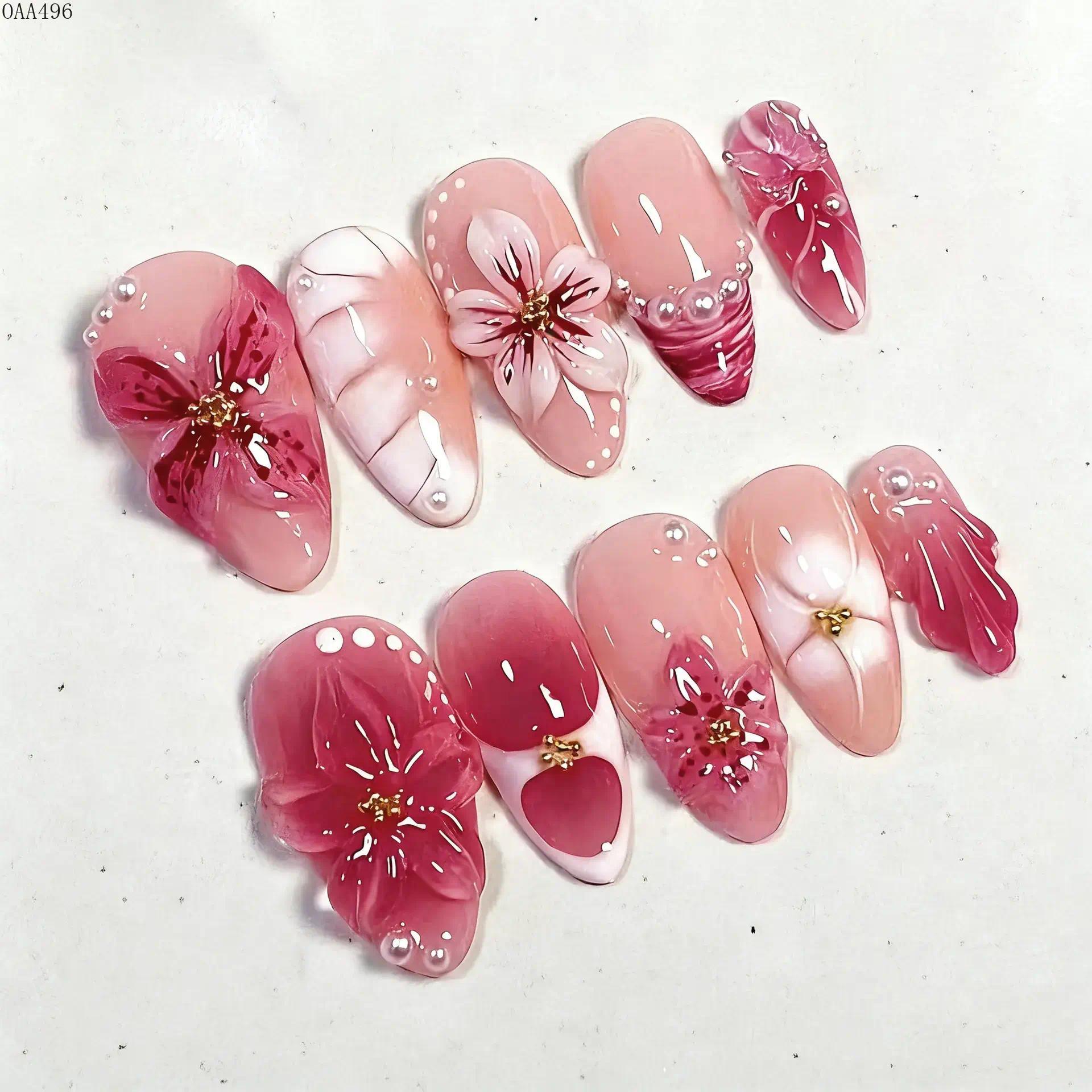 DIY Bag Accessory Press On Nails, 24-Piece Almond-Shape, 3D Rhinestone Flowers Design, Reusable Glossy Full Cover for Daily Wear, Parties