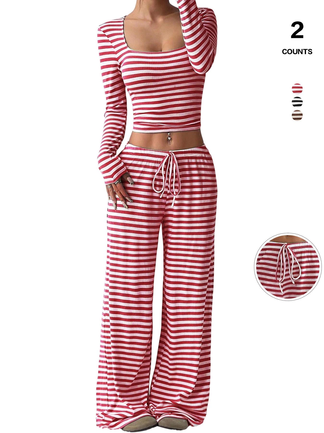 2026 Women's 2 Piece Y2K, Striped Ribbed Knit Long Sleeve Square Neck Crop Top, High Waist Drawstring Wide Leg Pants Loungewear Set