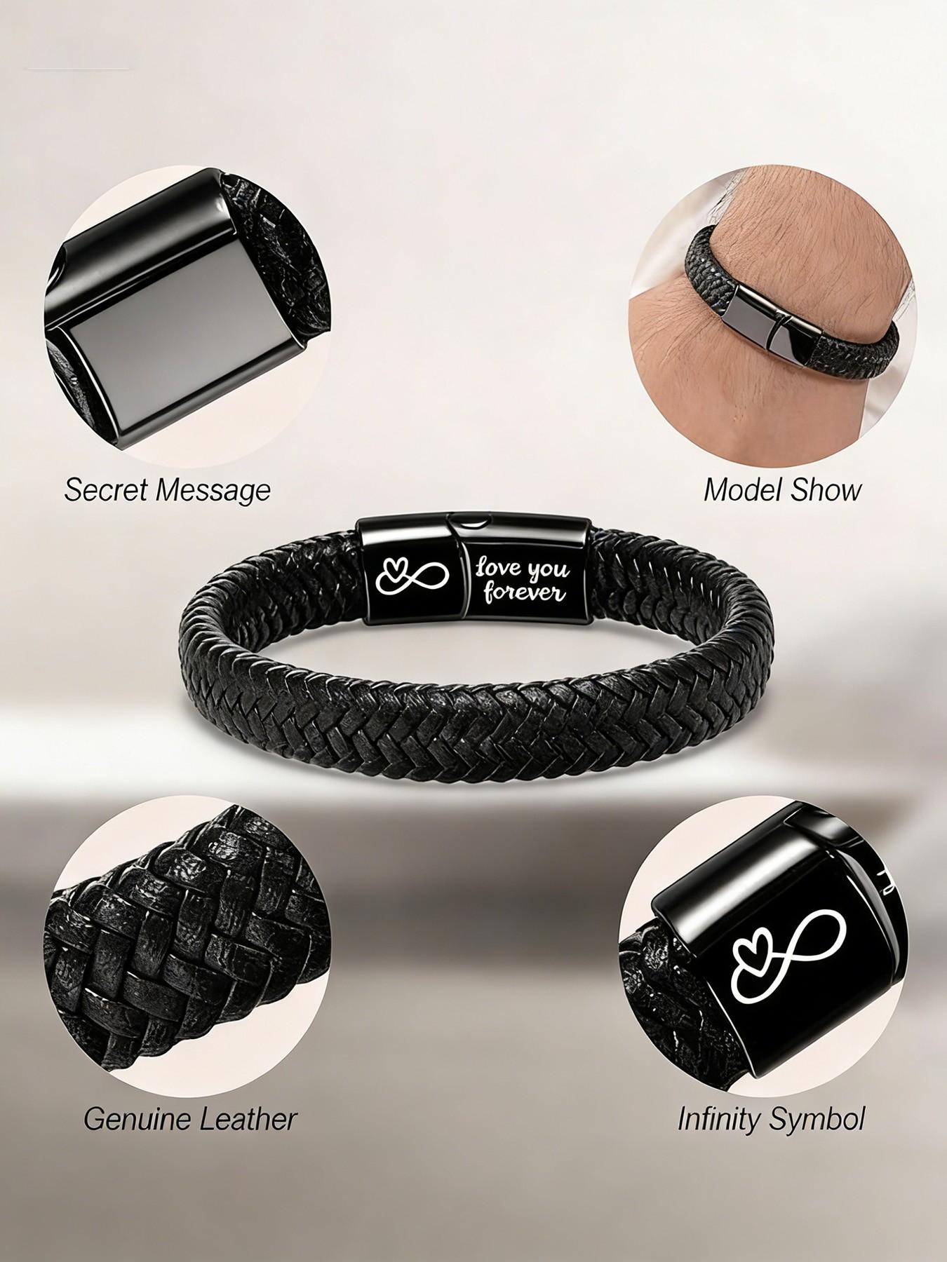 6-Piece Leather Bracelets for Men, Stackable Retro Bangles with Stainless Steel Clasp, Perfect Family Gift Set with Sentimental Cards