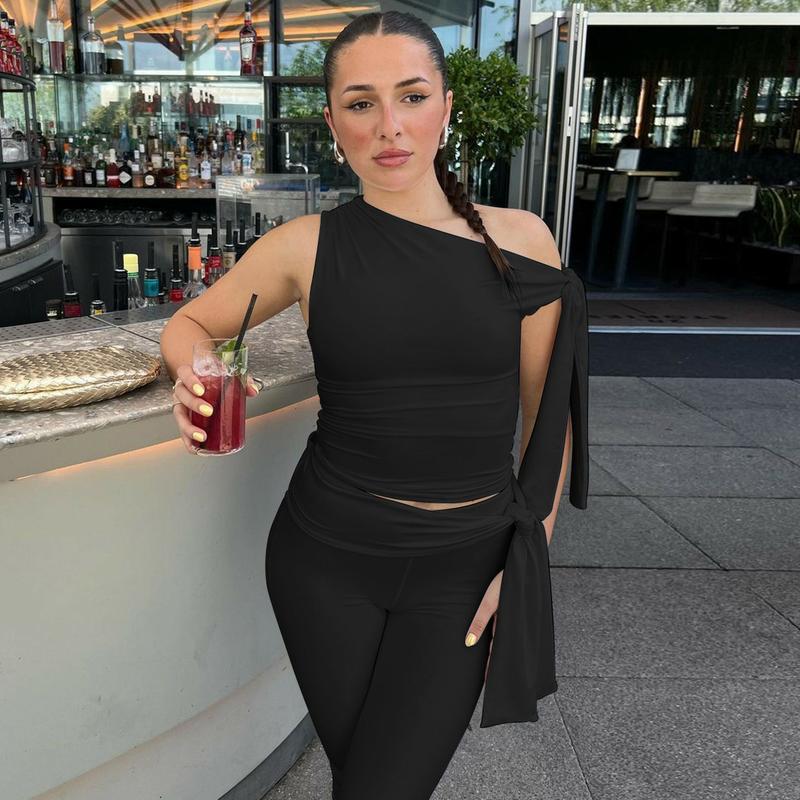 Solid Slanted Neck Lacing Design Sleeveless Top & High Waist Cropped Pants Two-Piece Set Women 2025 Summer New Casual Sexy with Ribbon Elegant Party Club Clothing Outfits