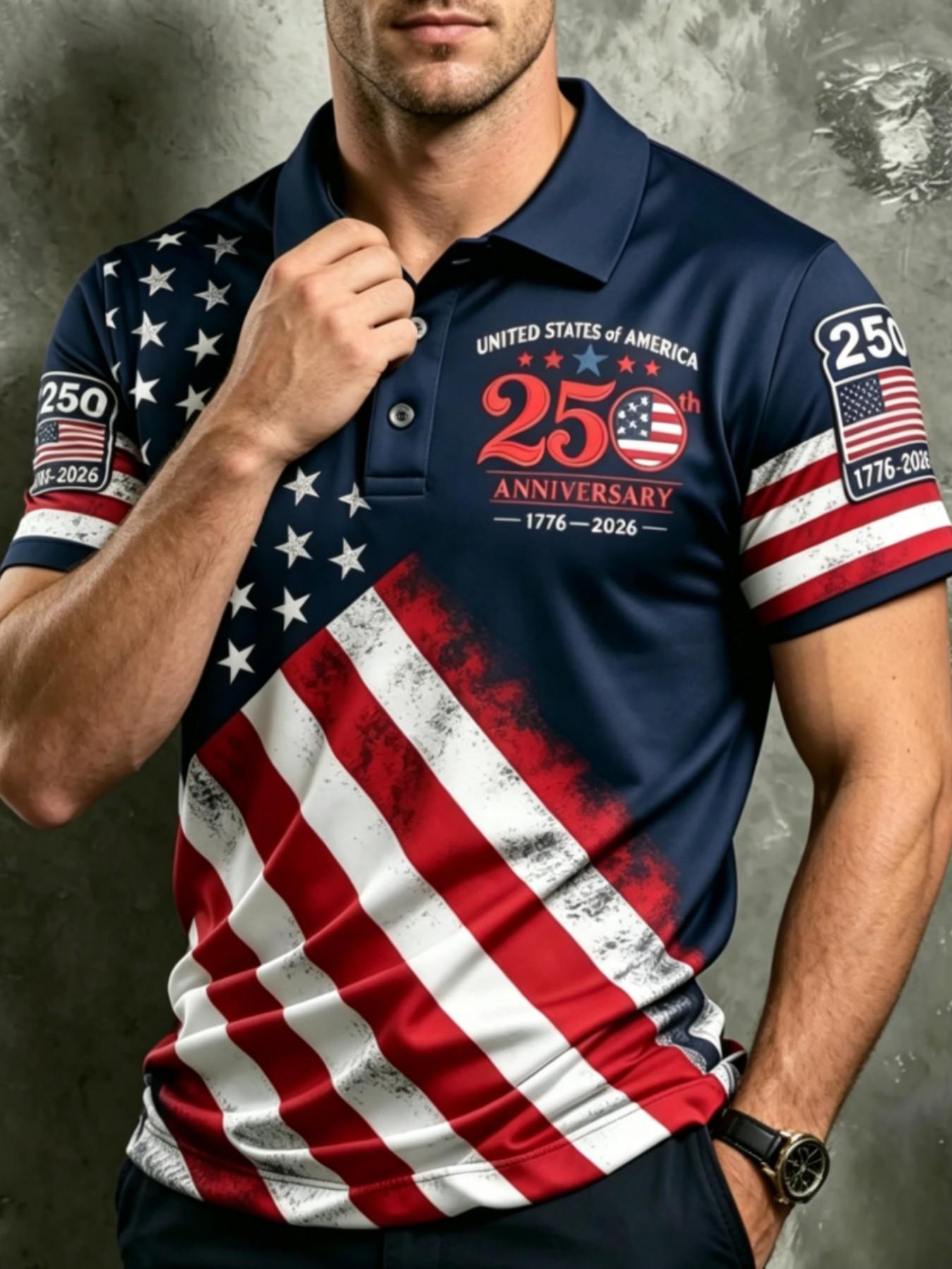 Men's 250th Anniversary American Flag Polo Shirt, Festive Patriotic Usa Flag Stars & Stripes, Slim-Fit Short Sleeve Golf Shirt, Casual Tops